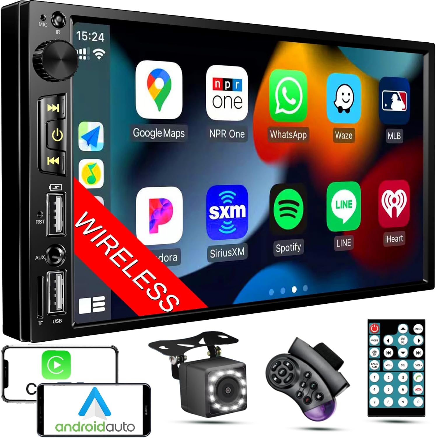 Wireless 7 inch Double Din Car Stereo with Apple Carplay,Bluetooth FM Car Radio,Backup Camera,HD IPS 1024 * 600 Touch Screen,Mirror Lin,Build-in Mic/USB/AUX/Android Auto/SWC/Audio