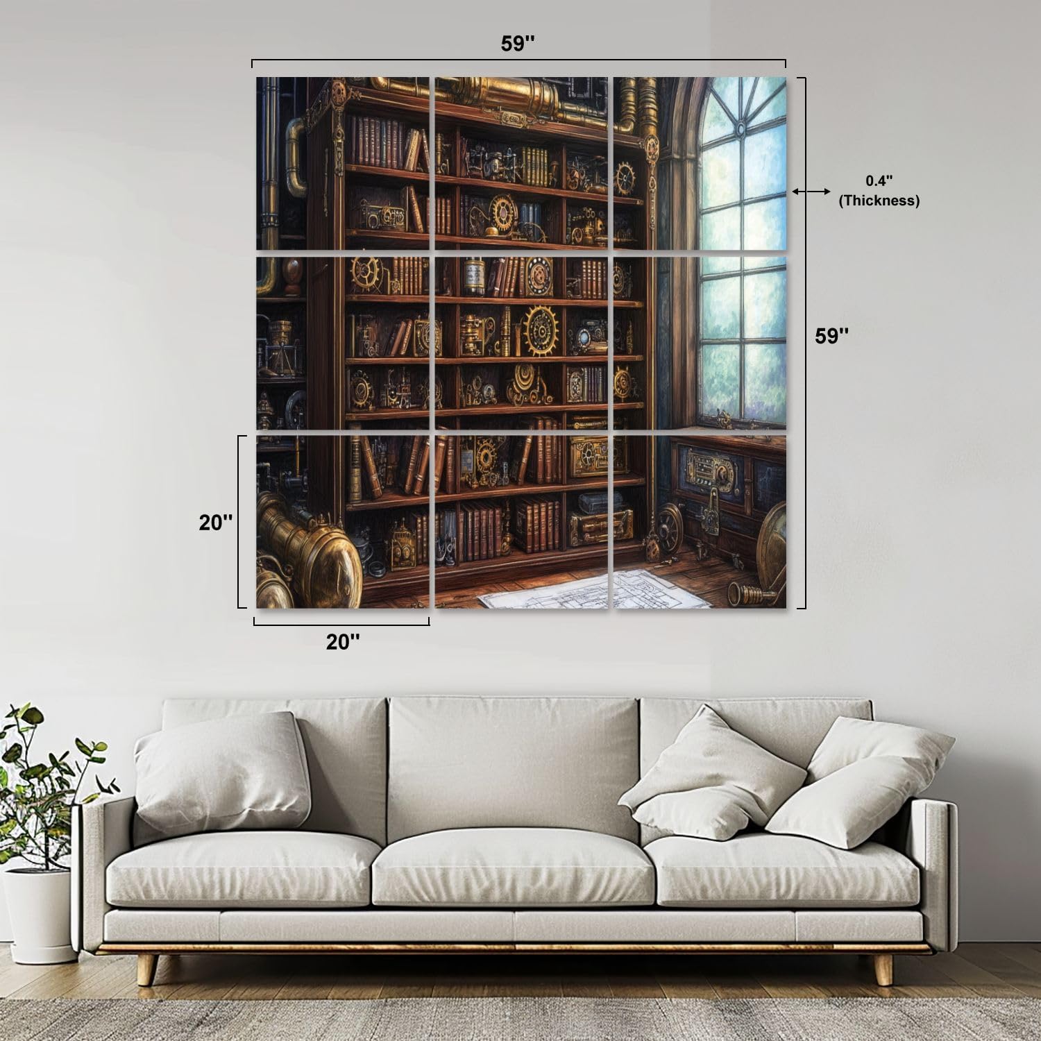 Art Acoustic Panels Self Adhesive Vintage Liry Bookshelf Brass Gears Mechanical Books 9 Packs Decorative Soundproof Wall Panels Large Sound Absorbing Panels for Home Office 60