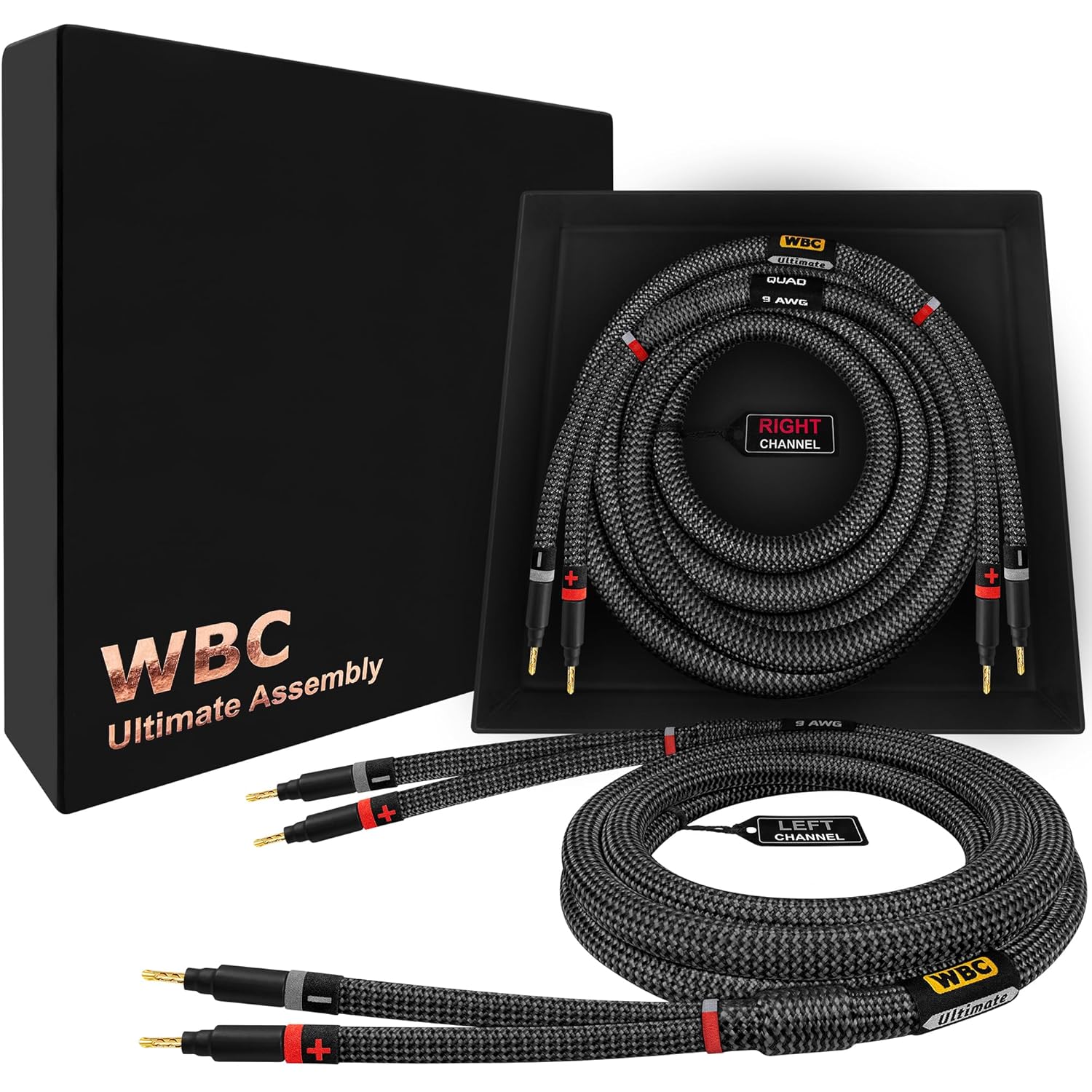 WORLDS BEST CABLES 8 Foot Ultimate - 9 AWG - Ultra-Pure OFC - Premium Audiophile HiFi Speaker Cable Pair with Eminence Gold Banana Plugs & Carbon Tweed Jacket