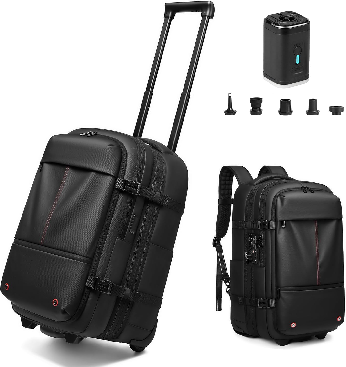 Fiordcase Vacuum Rolling Backpack with Vacuum System, Pump and Charging Port, Carry On Luggage with Vacuum Seal Bag, Wheels, TSA Lock, Travel Suitcase with Vacuum Compression Bag for 17