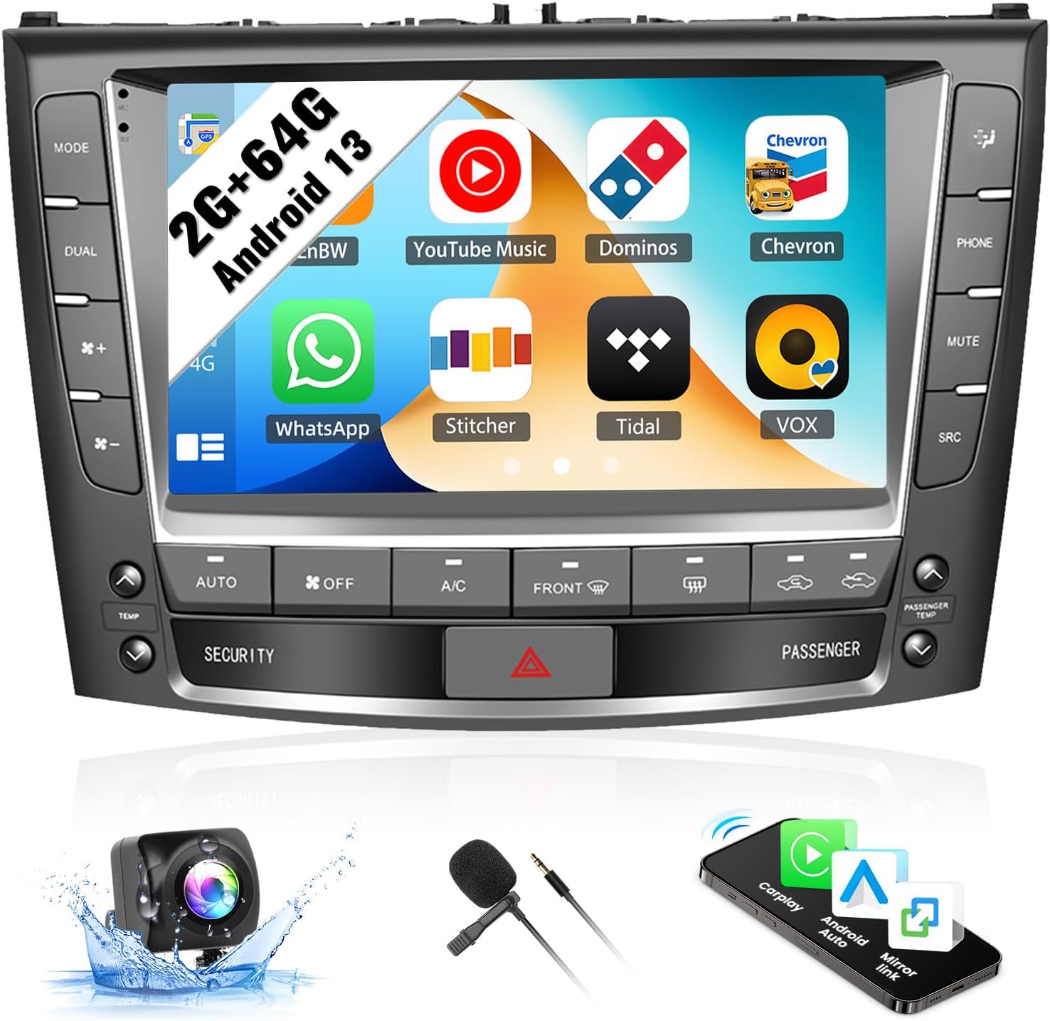 SIXWIN 2G+64G Android Car Radio for Lexus IS250 IS300 IS350 2006-2012 9 Inch Touch Screen with CarPlay Android Auto Mirror Link Bluetooth GPS Navigation WiFi FM SWC Backup Camera MIC
