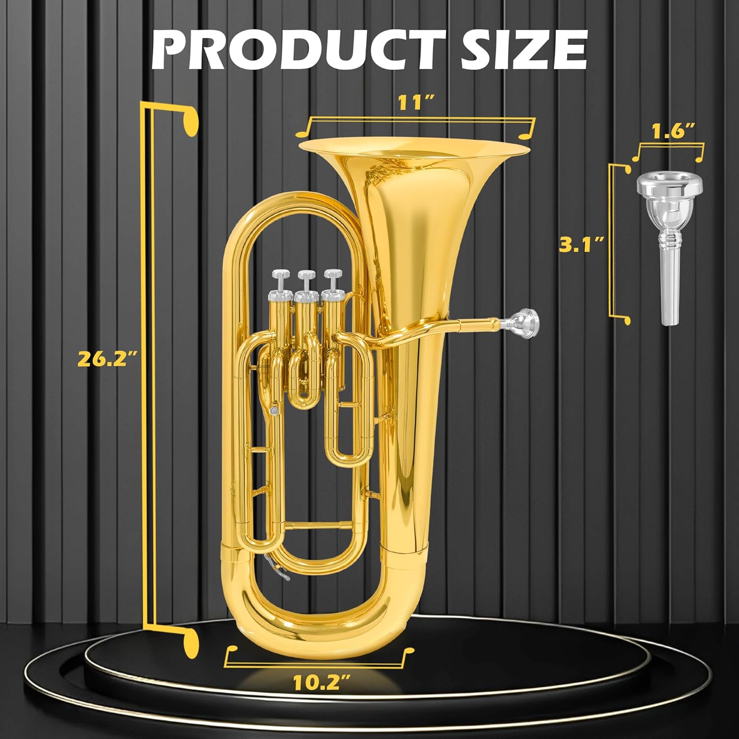 Bb Brass Euphonium - Professional & Intermediate 3 Valve Bb Key Instrument - Gold Lacquer Finish with Stainless Steel Pistons - Includes Hard Case, Mouthpiece, Gloves, Polishing Cloth