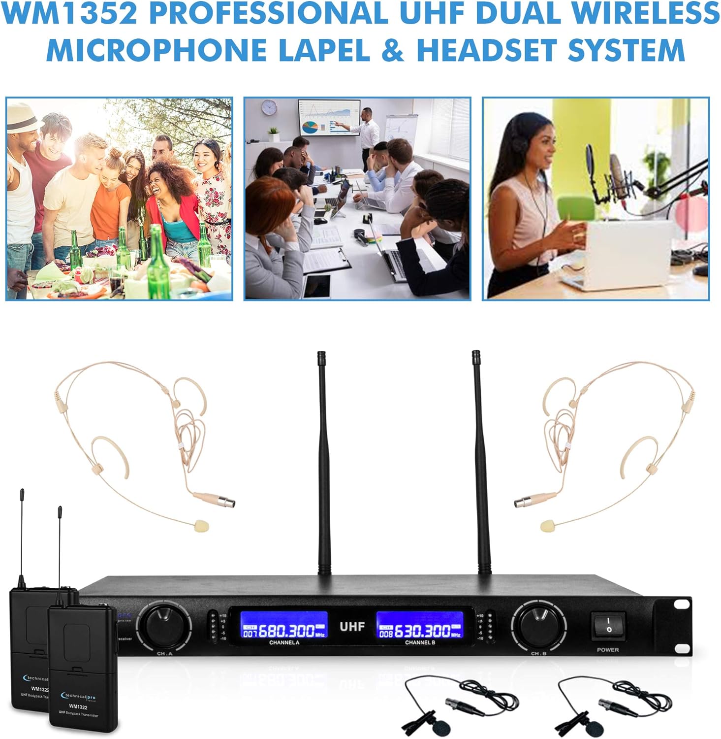 Technical Pro Professional UHF Wireless Microphone Lapel & Headset System with Dual UHF Mics, Individual XLR, LCD Display, LED Meter, Mount Bracket, UHF High Band Frequency