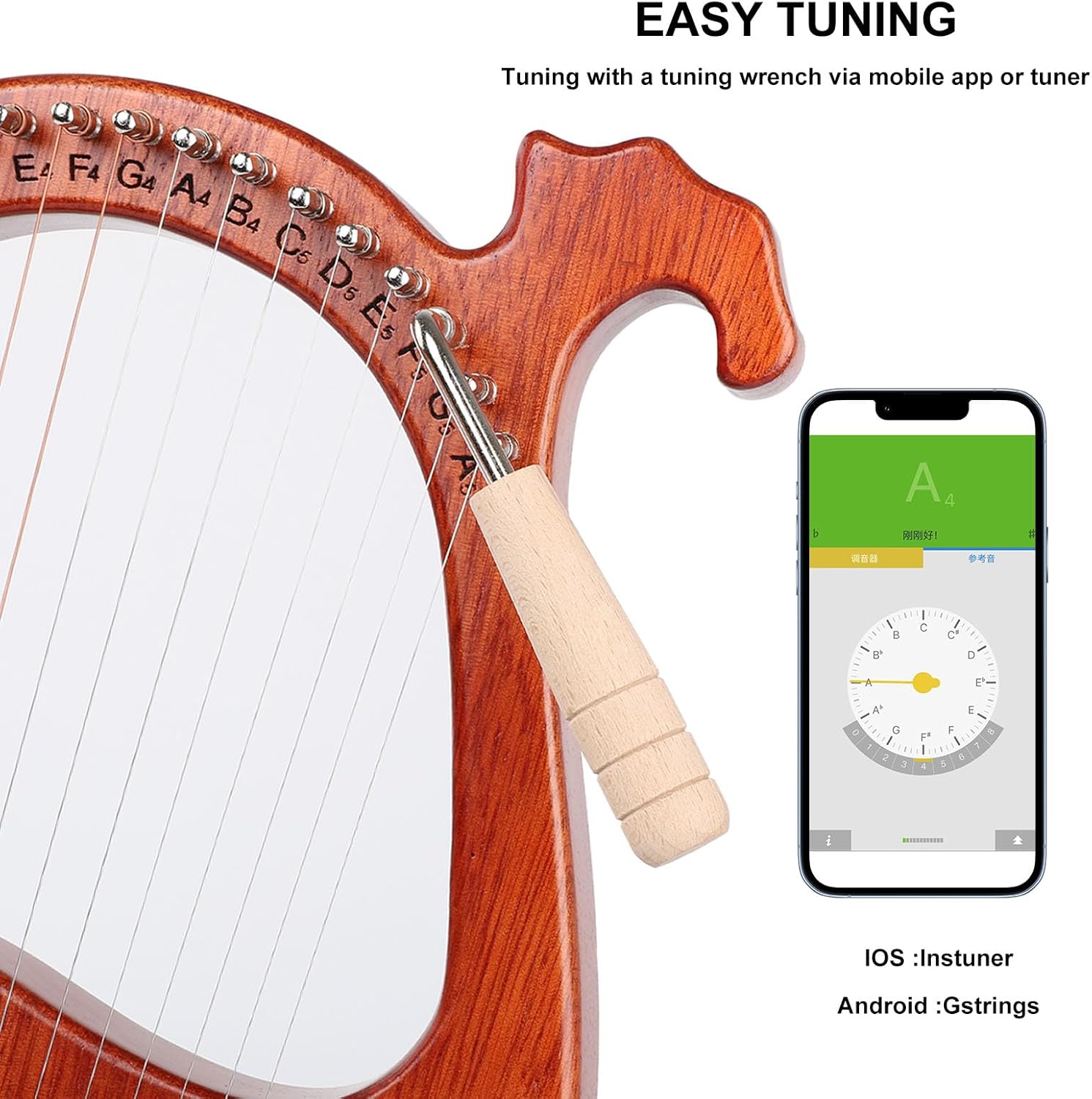 LIEKE Lyre Harp 16 Metal Strings,Mahogany Body and Copper Saddle,Mini Harp instrument Gift with Bag Tuning Wrench for Beginner Musician