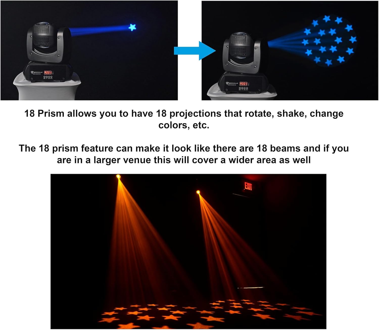 Rockville Rock Beam DC 120W Moving Head Light, 7+1 Gobos, 18-Facet Prism, DMX Control, for DJs and Club Stages