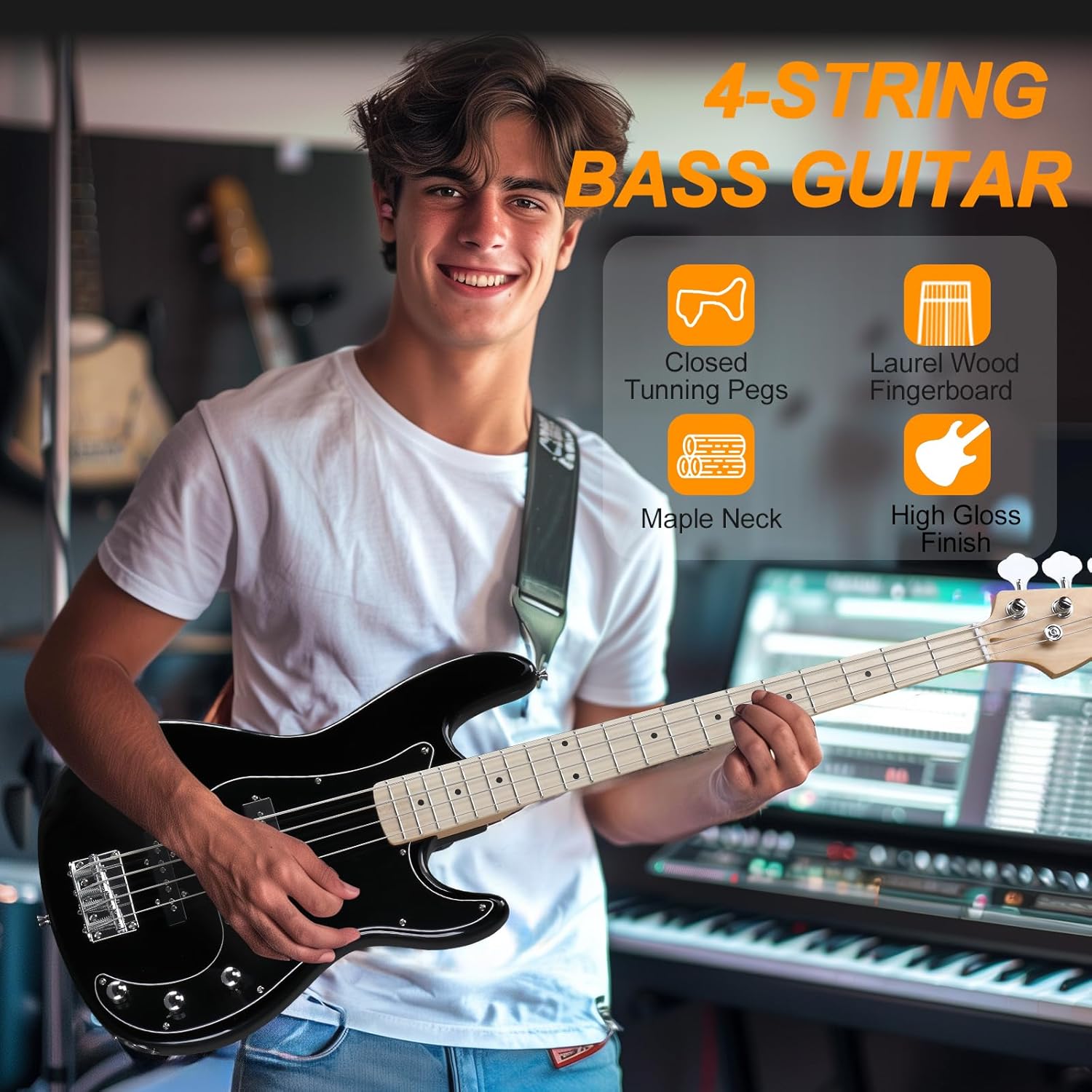 Ktaxon 4 String Bass Guitar Full Size Electric Bass Guitar Starter Kit with 20W AMP, Portable Gip Bag, Premium Cable, Adjustable Strap, Picks and Wrench, Gift For Music Lover(Set-Black)