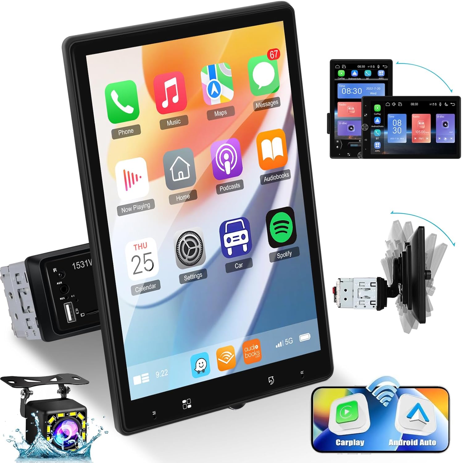 NHOPEEW Rotatable Single Din Car Stereo with Wireless Carplay and Android Auto - 10.4 Inch Vertical Touch Screen Car Radio - Bluetooth/Mirror Link/SWC/FM + 12leds Backup Camera & Microphone