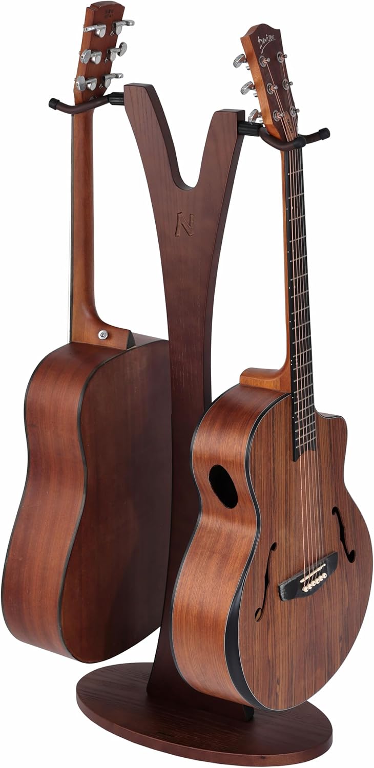 Nefelibata Wooden Guitar Stand, Handmade German Ash Solid Y-shaped Wood Racks Floor Holds 2 Guitars, for Electric Guitars, Acoustic Guitars, Classical Guitars, Banjos, Mandolins(Dark Brown)