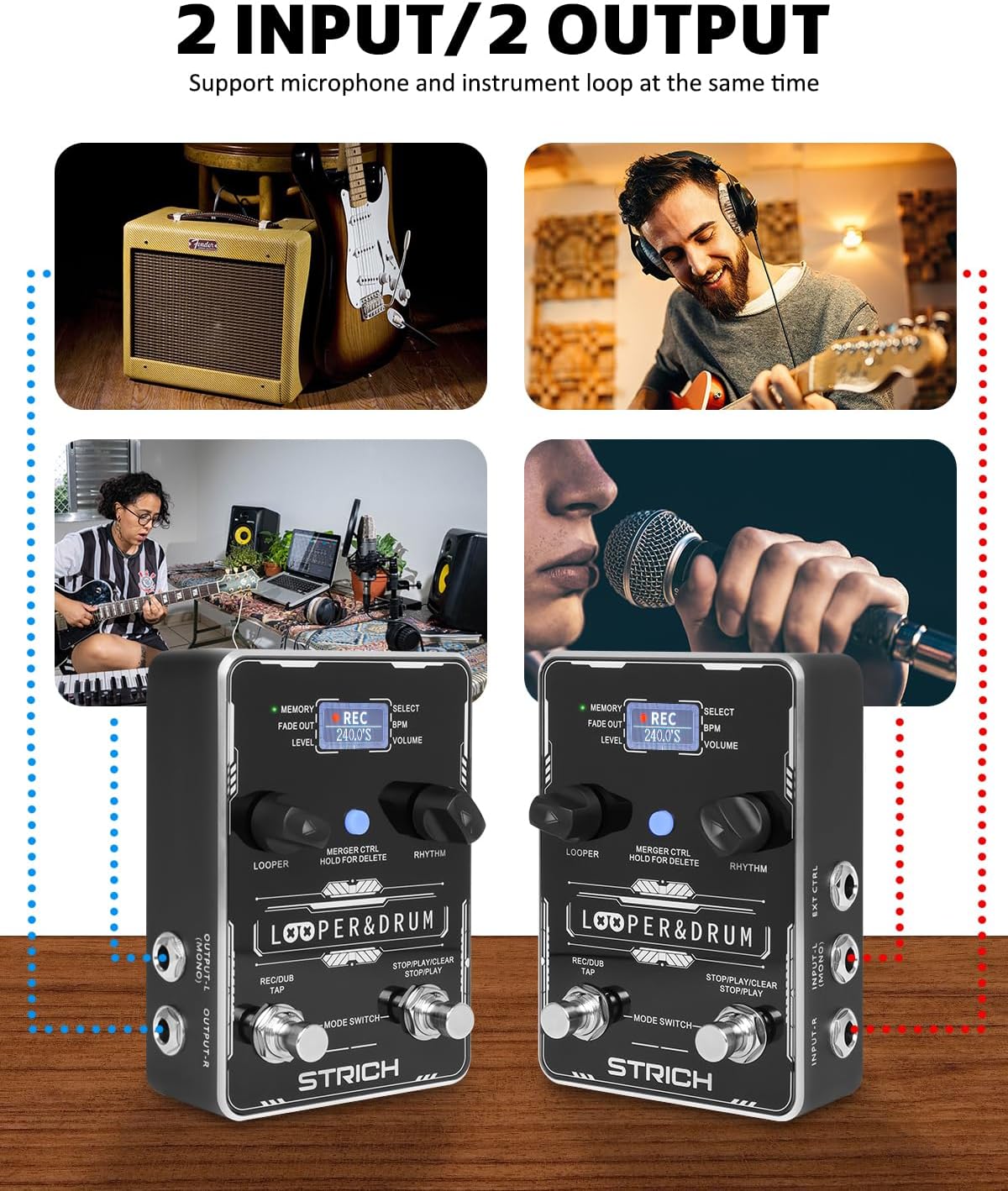 STRICH Stereo Looper Pedal Guitar Pedal with Built-in Drum Machine, 100 Diverse Drum Patterns, 160 Minutes Recording Time, USB for Audio Upload or Download, Support Footswitch Control