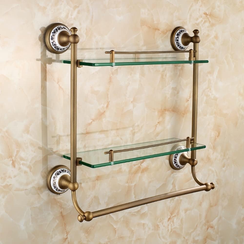 Shower Caddy Bathroom Glass Shelf 2 Tier, Coming with Towel Bar, Shower Caddy Bath Basket, Wall Mount, Antique Brass, Bronze Finish Bathroom Organizer