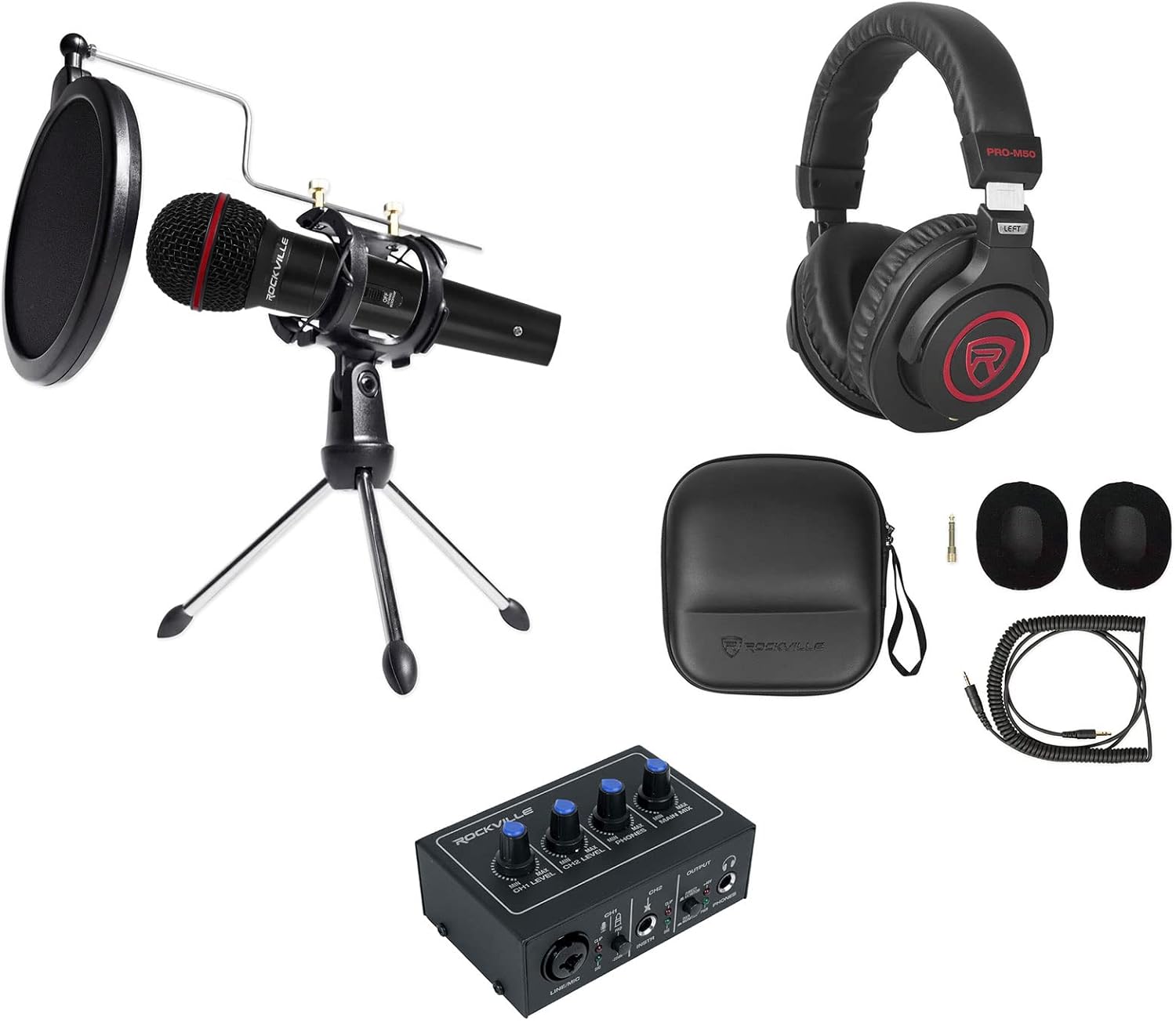 Rockville Podcast Podcasting Recording Bundle w/SR Headphones+Microphone+Stand