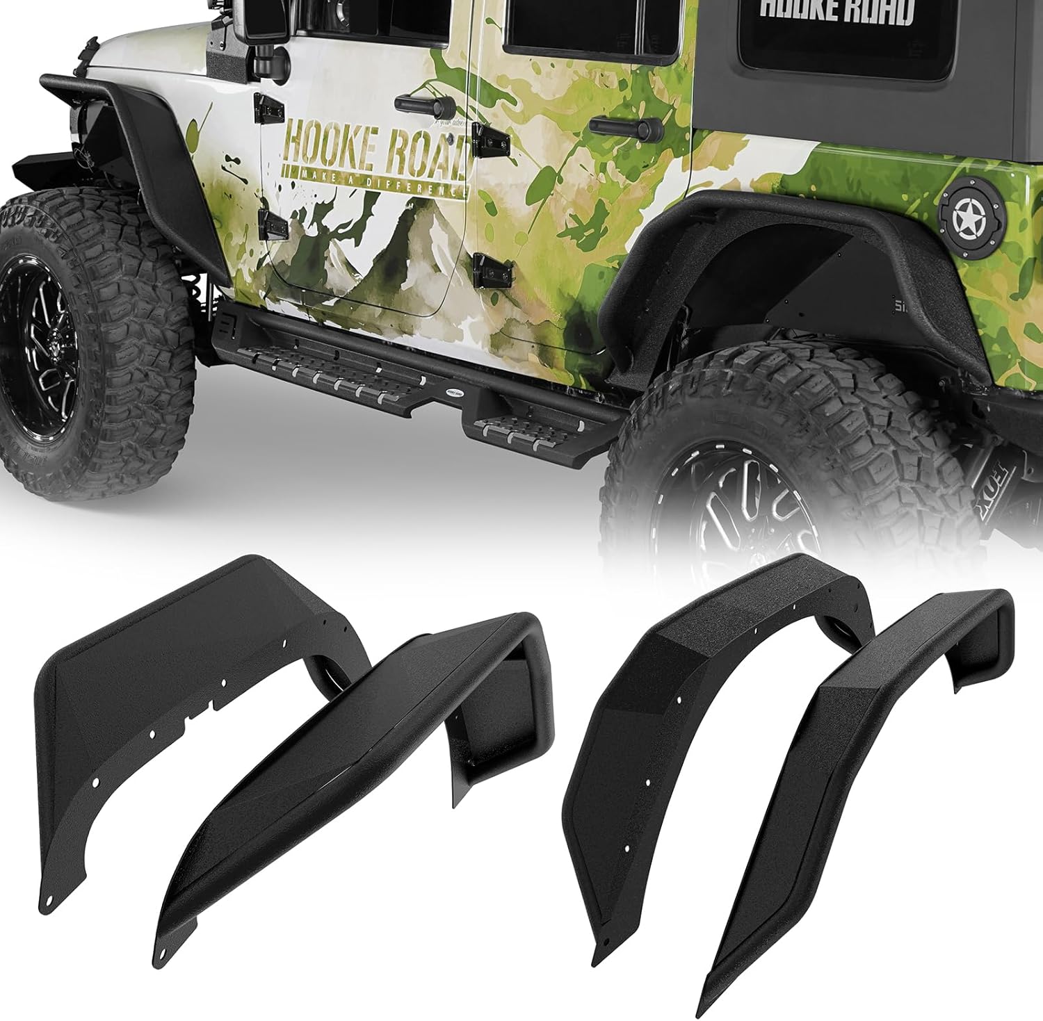 Hooke Road Wrangler Fender Flares Tubular Wheel Armor Mud Guard Kit for 2007-2018 Jeep Wrangler JK 2/4 Doors Textured Black Solid Wheel Fenders