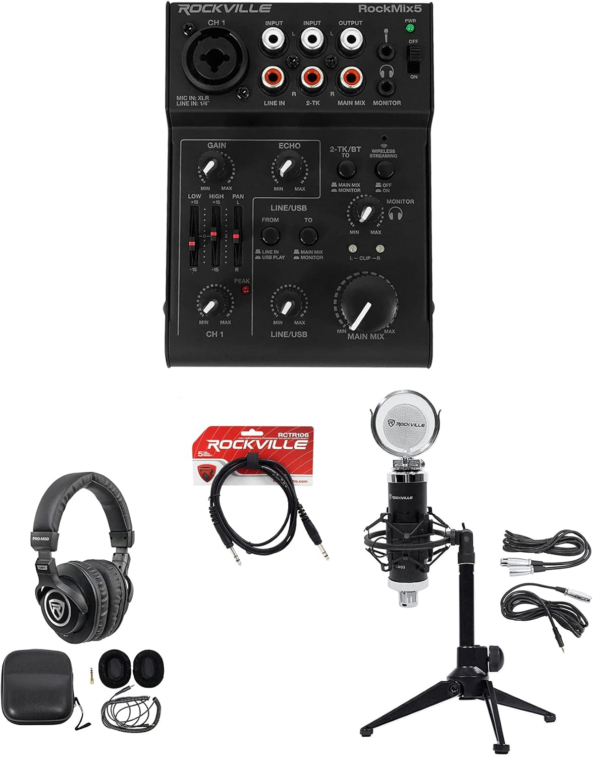 Rockville RockMix5 Bundle: 5 Channel Pro Mixer, PRO-M50 Studio Headphones, RCTR106B 6 ft TRS Cable, RCM03 Condenser Mic, RDTS Tripod Stand for 1-Person Gaming Twitch Live Stream Recording, 5-Items
