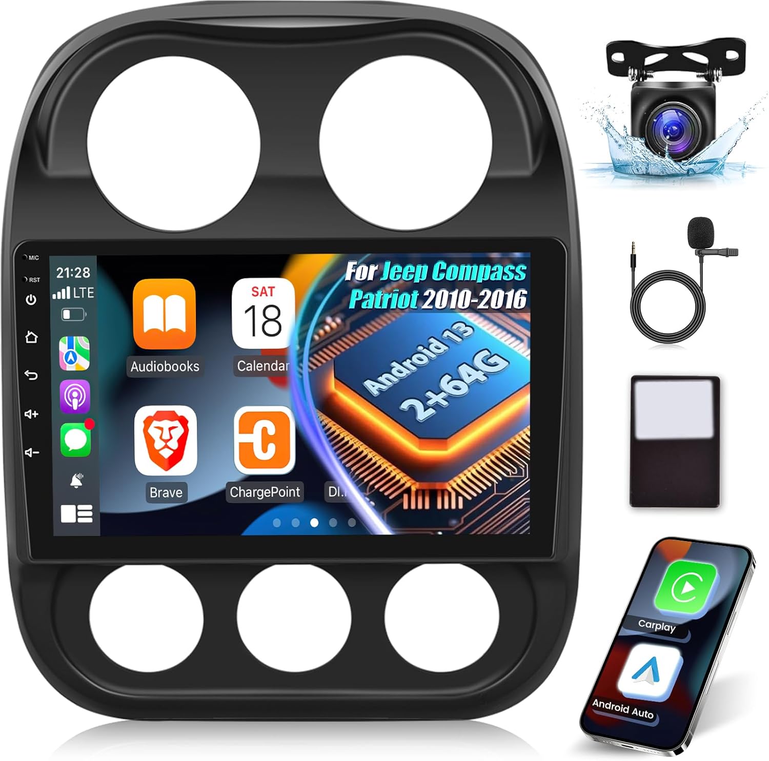 EKAT Car Radio for Jeep Compass Patriot 2010 2011 2012 2013 2014 2015 2016, [2G+64G] 10.1 inch Android Touch Screen Patriot Stereo, CarPlay/Android Auto/DSP Audio/1080P/SWC/Bluetooth/WiFi