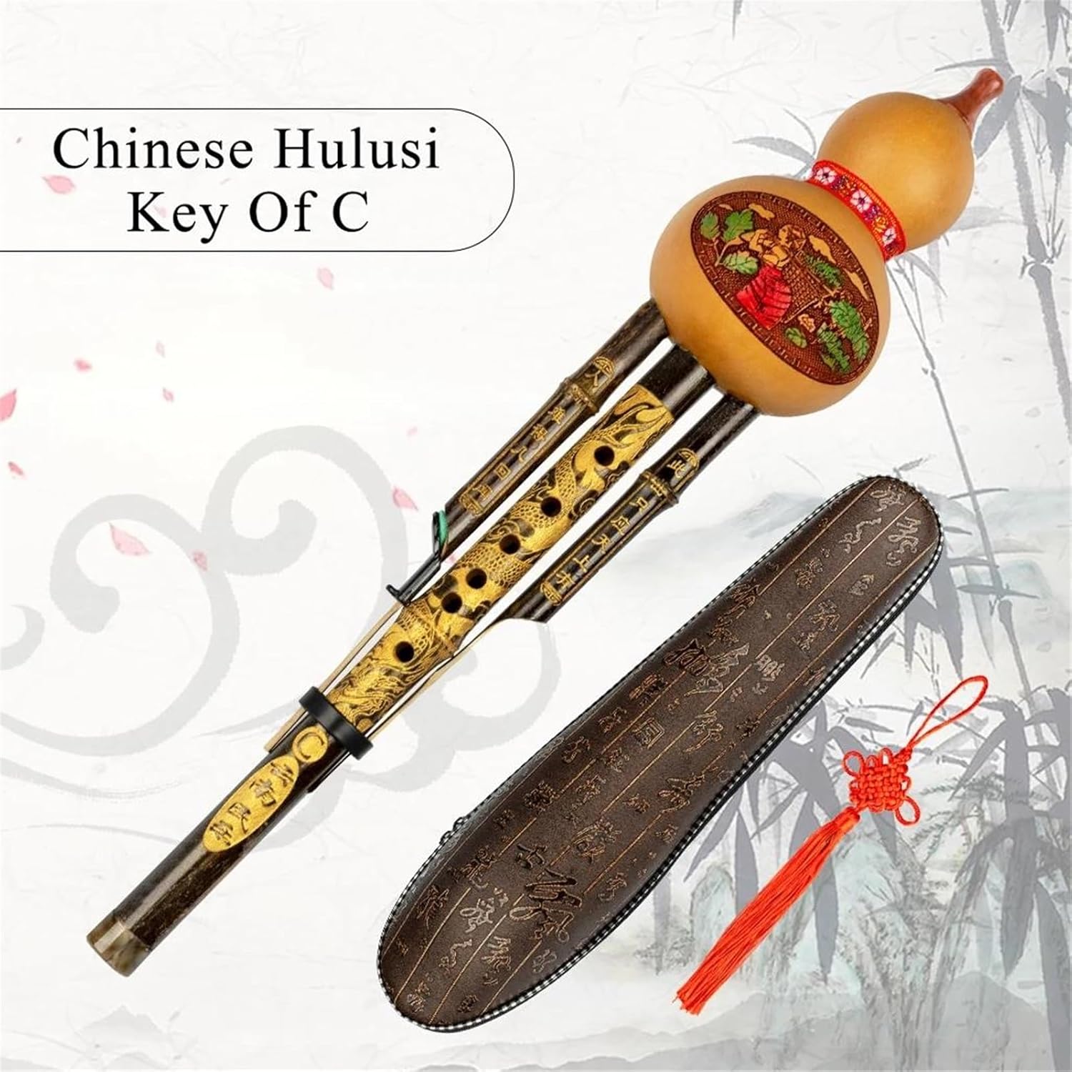 Hulusi Flute Hulusi Flute Mouth Organ C-Major Wind Chamber Reed Instrument Carved Gourd Three Thin Bamboo Pipes Flute