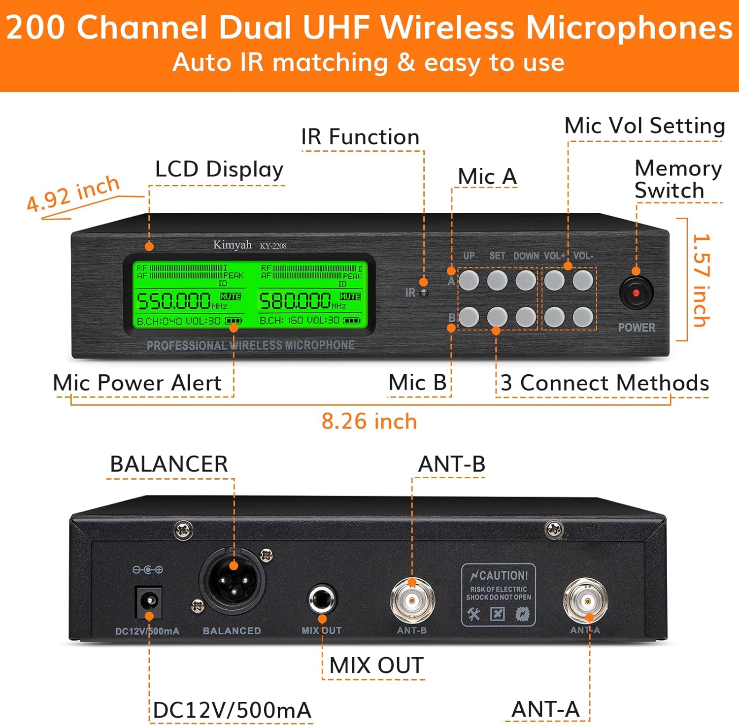 Kimyah Wireless Microphone System, All Metal Dual UHF Cordless Mics of Handheld, 328ft Range, Ideal for Church, Conference and Karaoke, DJ, Wedding(KY-8208)