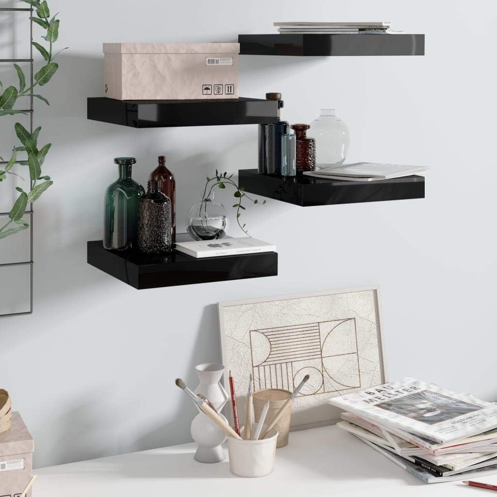 Floating Shelves Set of 4 High Gloss Black MDF 9.3 x 9.1 x 1.5 in Modern Square Wall Mount Display for Living Room Bedroom Office