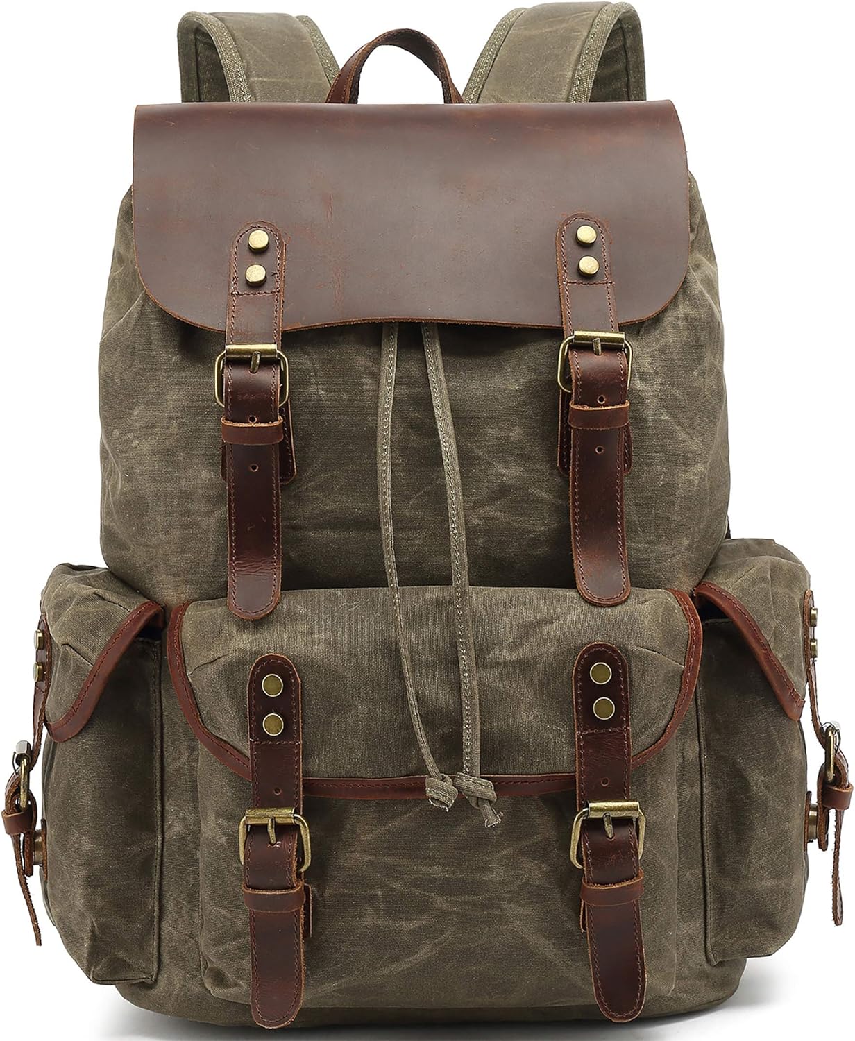 HuaChen Vintage Waxed Canvas Backpack with Genuine Leather Flap, Travel & Work Rucksack, Water-Resistant Daypack with Anti-Theft Pocket, OVERSIZE - M80 Army Green XL