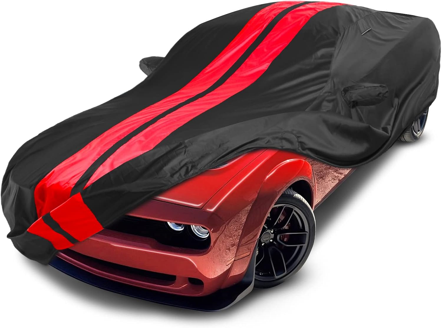 Coverland Custom Car Cover Waterproof All Weather for 2008-2023 Dodge Challenger, Weatherproof Car Covers for Automobiles, Rain, Snow, Sun Protection, Full Exterior Covers, Stripe(Black/Red)