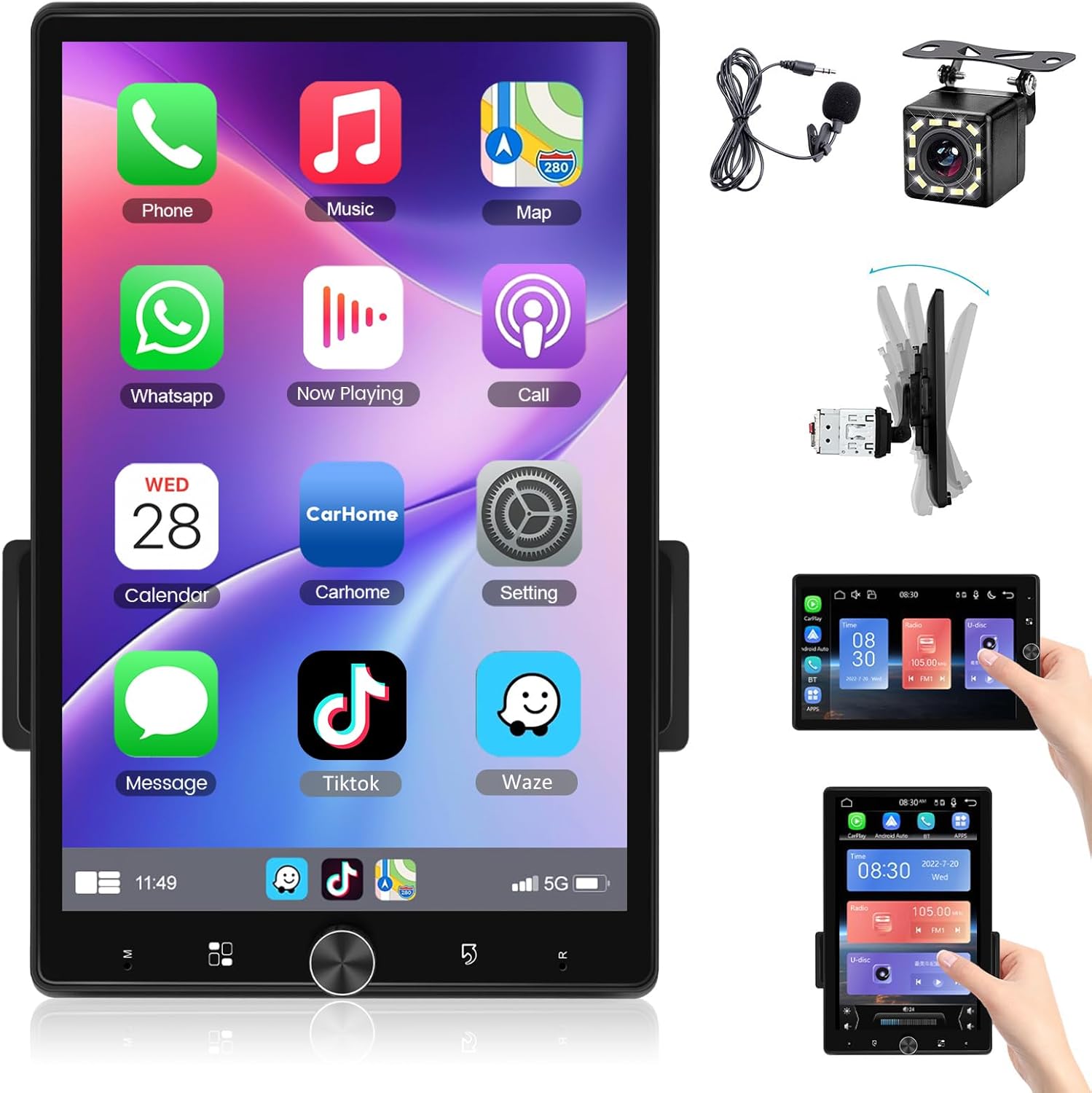 Single Din Wireless Carplay Car Stereo Android Auto-10.4 Inch Single Din Radio Touchscreen Radio with Bluetooth Mirror Link Backup Camera/USB/AUX Input/EQ/FM/SW/DSP/Voice Control(Manual&HD Screen)