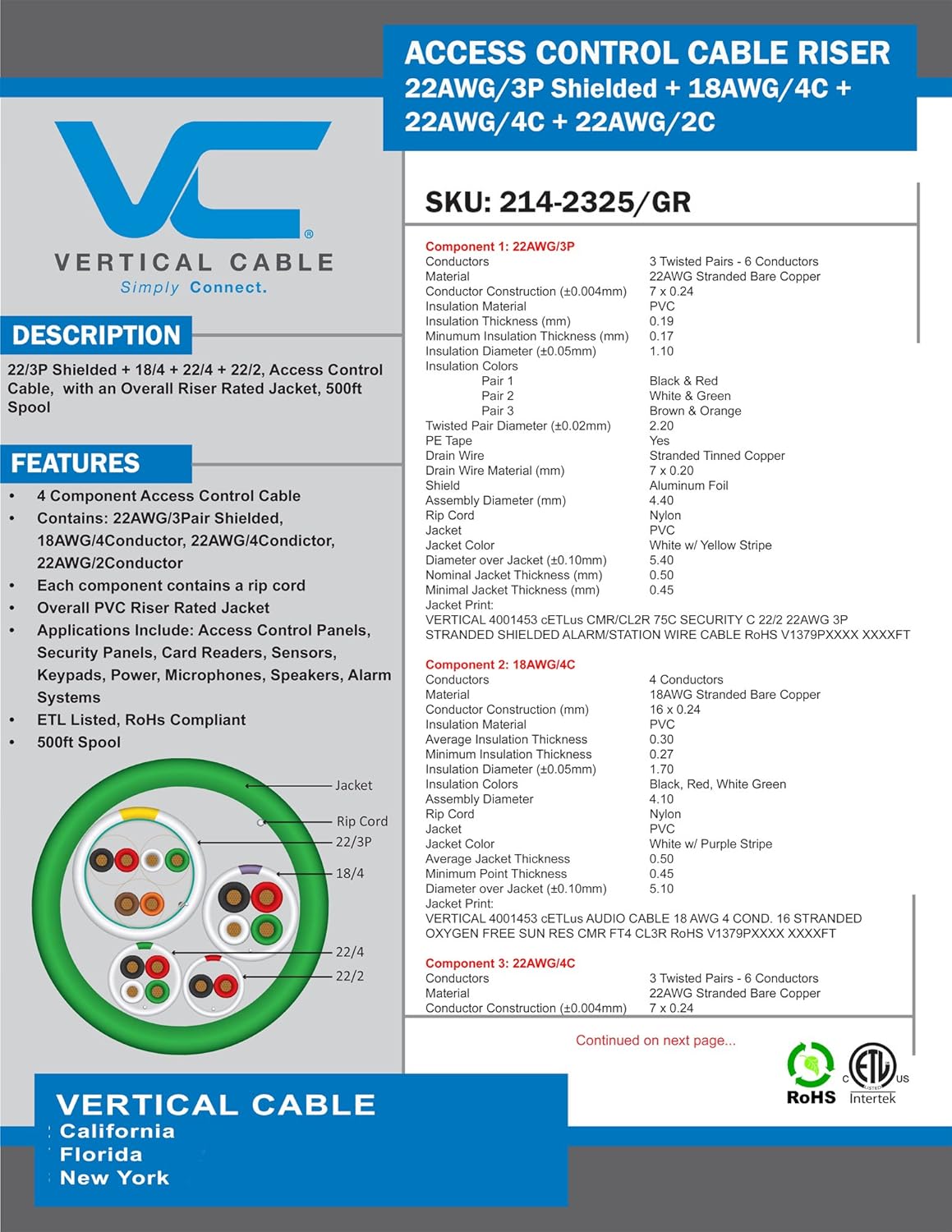 Vertical Cable Access Control Cable Riser: 22 AWG/3 Pair Shielded + 18AWG/4 Conductor + 22 AWG/4 Conductor + 22AWG/2 Conductor, Stranded Bare Copper Conductors, Green, 500ft Spool