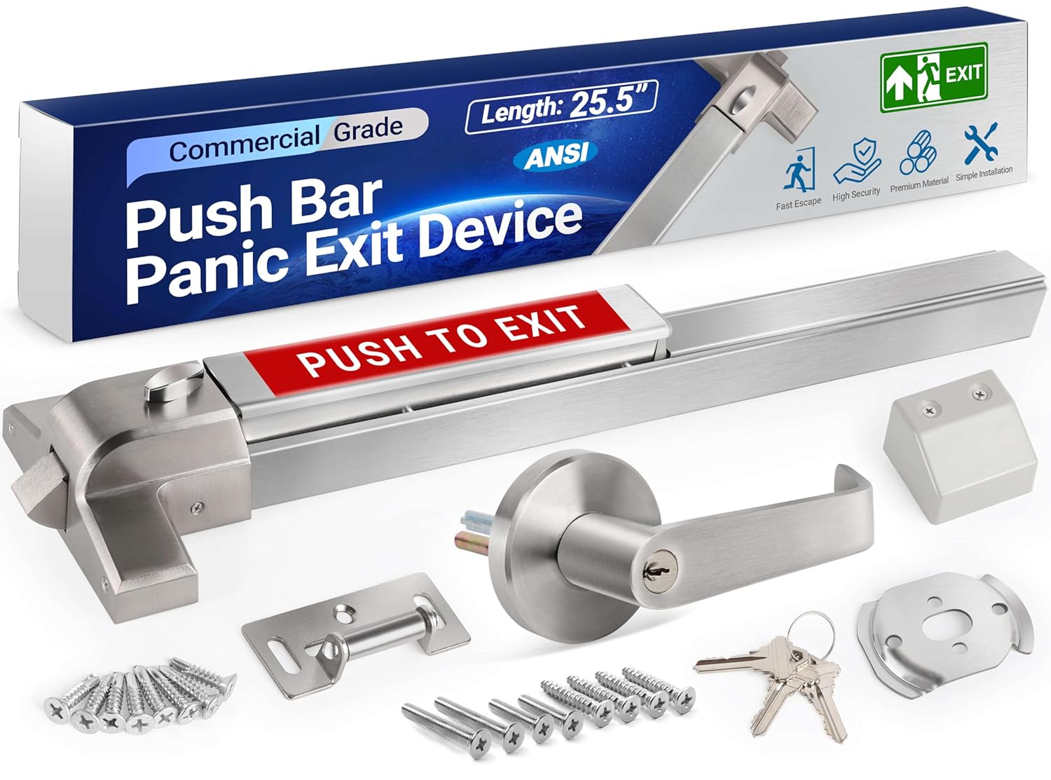 304 Stainless Steel Panic Bars for Emergency Exit Doors - 25.5” Commercial Door Push Bar Panic Exit Device with Exterior Lever Handle, Heavy-Duty Panic Door Hardware for 26”-41”Wooden/Metal Doors