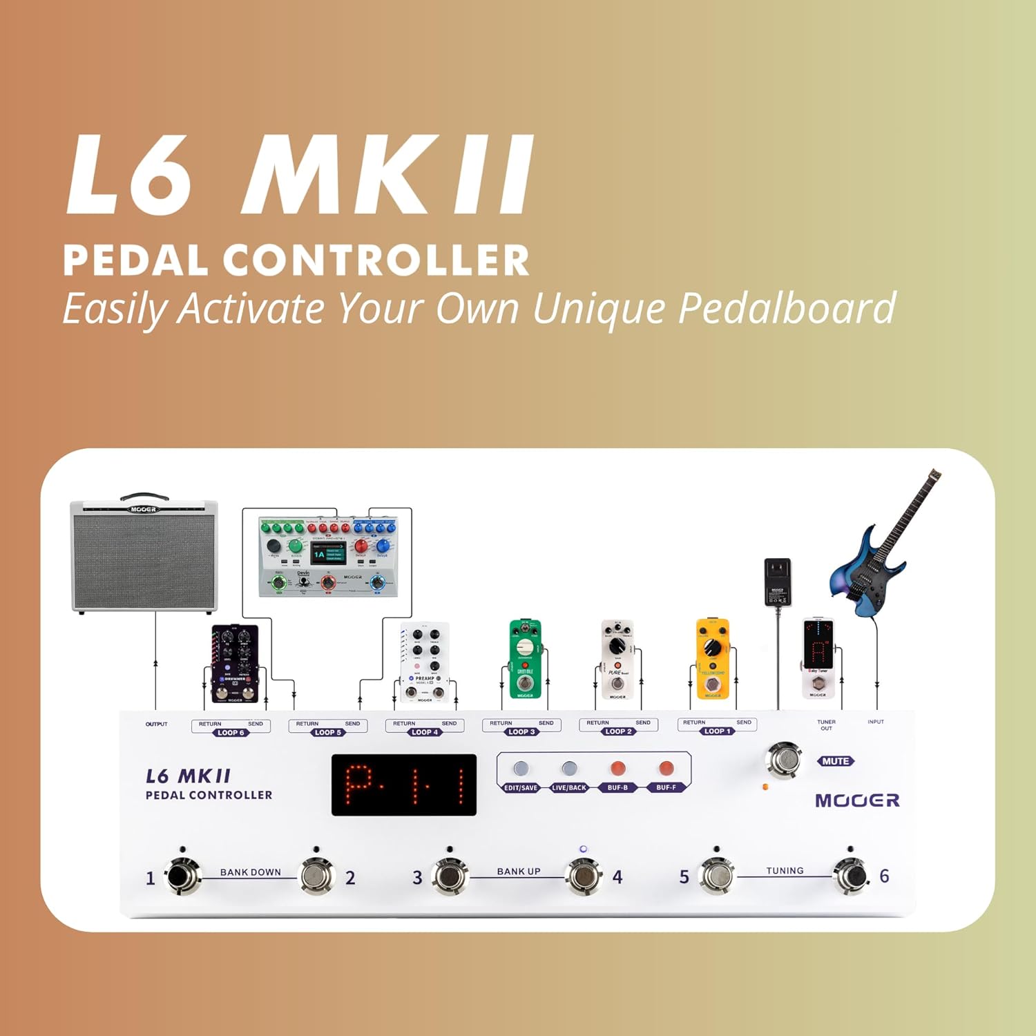 MOOER L6 MKII Pedal Controller for Electric Guitar Bass Guitar Pedalboard Switcher with Air P05 Wireless System
