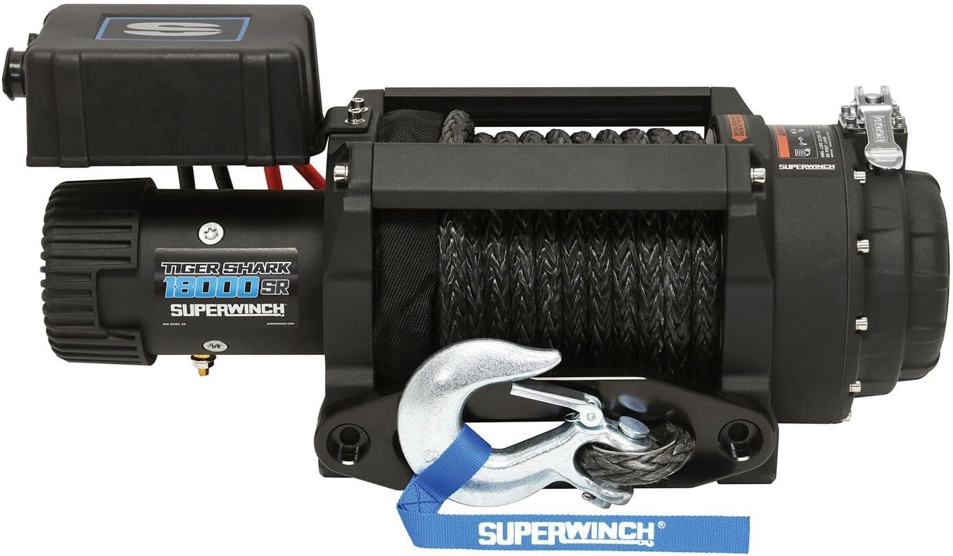 SUPERWINCH 1518001 Tiger Shark 18000SR 12V DC Winch 18,000lb/8165kg Single Line Pull with Hawse Fairlead, 33/64