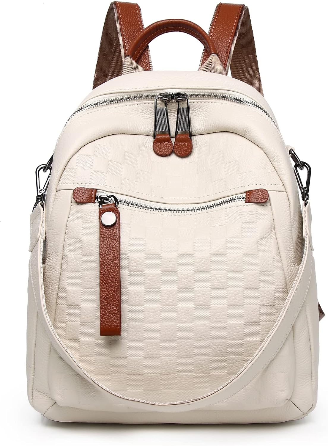Genuine Leather Backpack Purse For Women Beige Real Soft Leather Checkered Designer Convertible Shoulder Bag