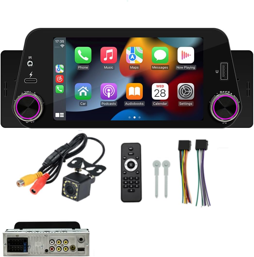 5 Inch Touch Screen Car Stereo Built-in CarPlay/Android Auto/Mirror-Link,1Din Radio Receiver with Bluetooth 5.1 Handsfree,FM USB Tpye C Audio Video Player+12LED Camera