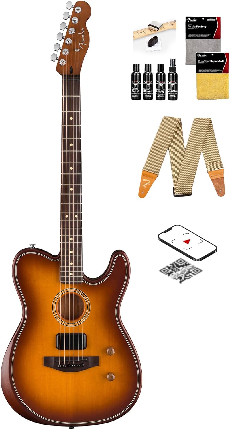 Fender Acoustasonic Standard Telecaster - Honey Burst Bundle with Strap, Guitar Cleaning Kit and Austin Bazaar Instructional Video