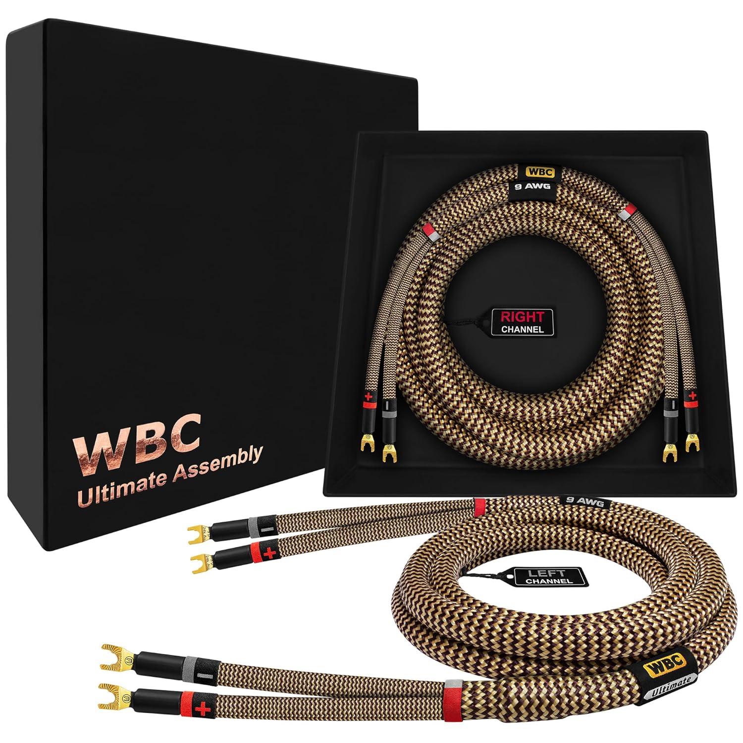 WORLDS BEST CABLES 6 Foot Ultimate - 9 AWG - Ultra-Pure OFC - Premium Audiophile HiFi Speaker Cable Pair with Eminence Spade Plugs & TnBrwn Tweed Jacket