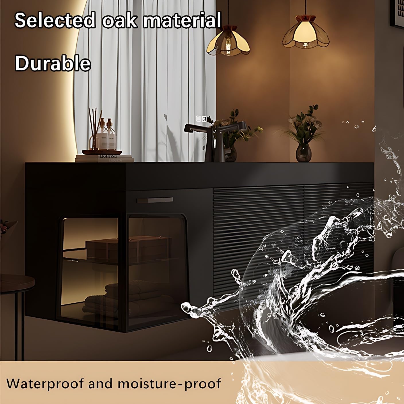 Floating Bathroom Vanity with Sink - Luxury Bathroom Vanity with Drawer & Smart Defogging Mirror - Multi-Layer Solid Wood Material - Wall Mount