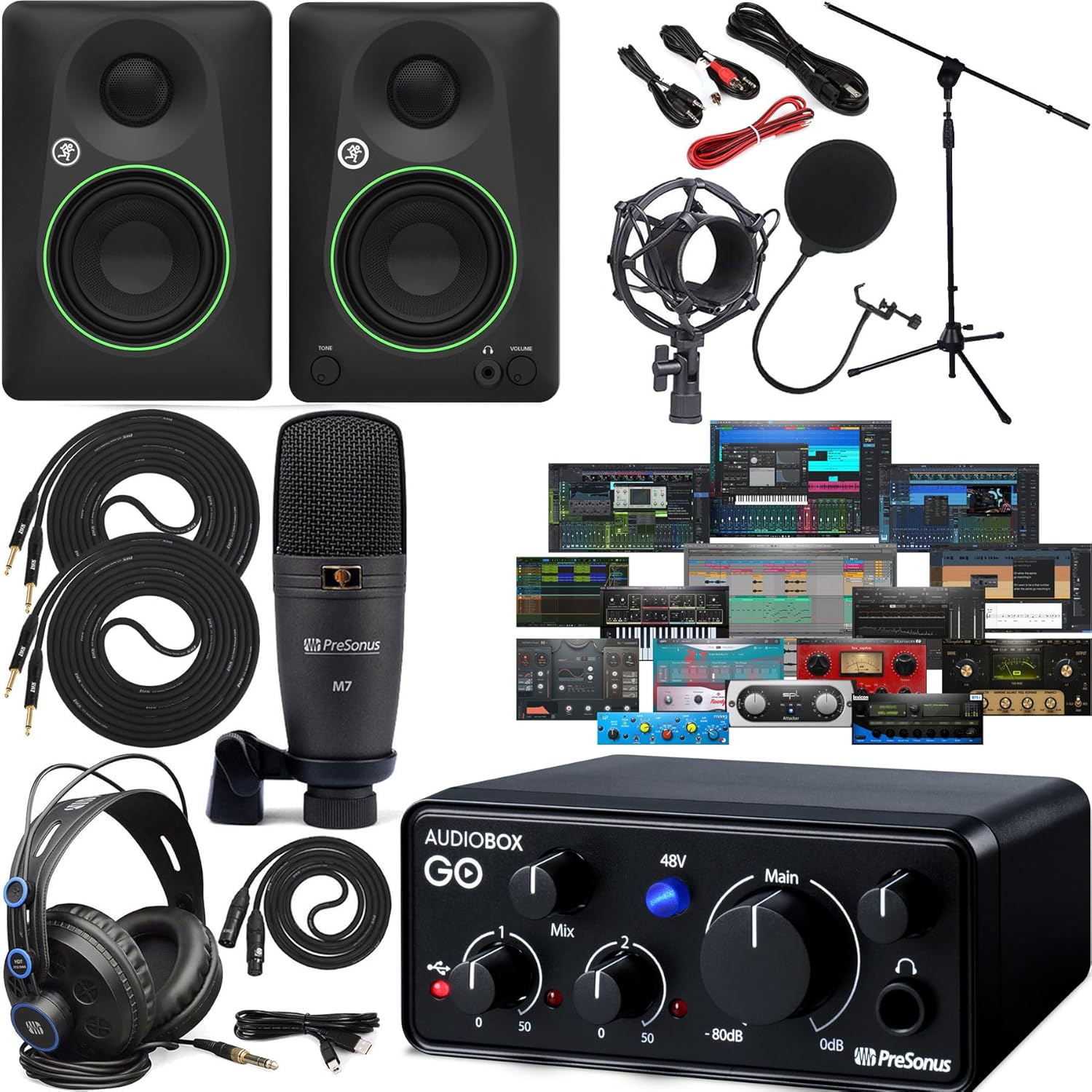 Presonus AudioBox GO Mobile 2x2 USB Audio Recording Interface for USB with Studio One Artist Software Pack with CR3.5 Creative Reference Multimedia Monitors and Microphone Isolation Shield