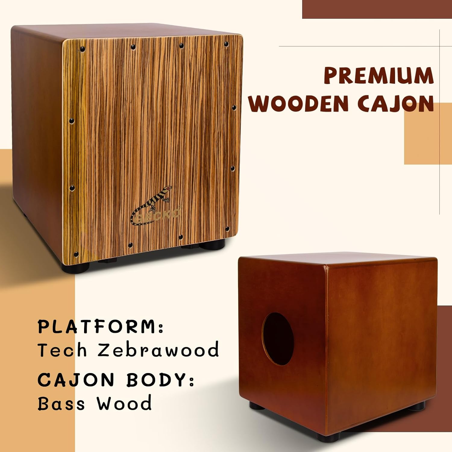 GECKO Cajon Drum Box with Tool-Free Adjustable Guitar Strings, Snare and Bass Tones | 12.6