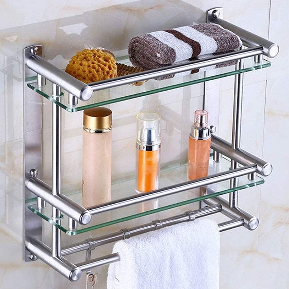 WOLWES SUS304 Stainless Steel Bathroom Glass Shelf with Towel Bar and Movable Hook Rustproof Wall Mount 40-50cm Punch Installation (Color : 2 Tiers, Size : 40cm)