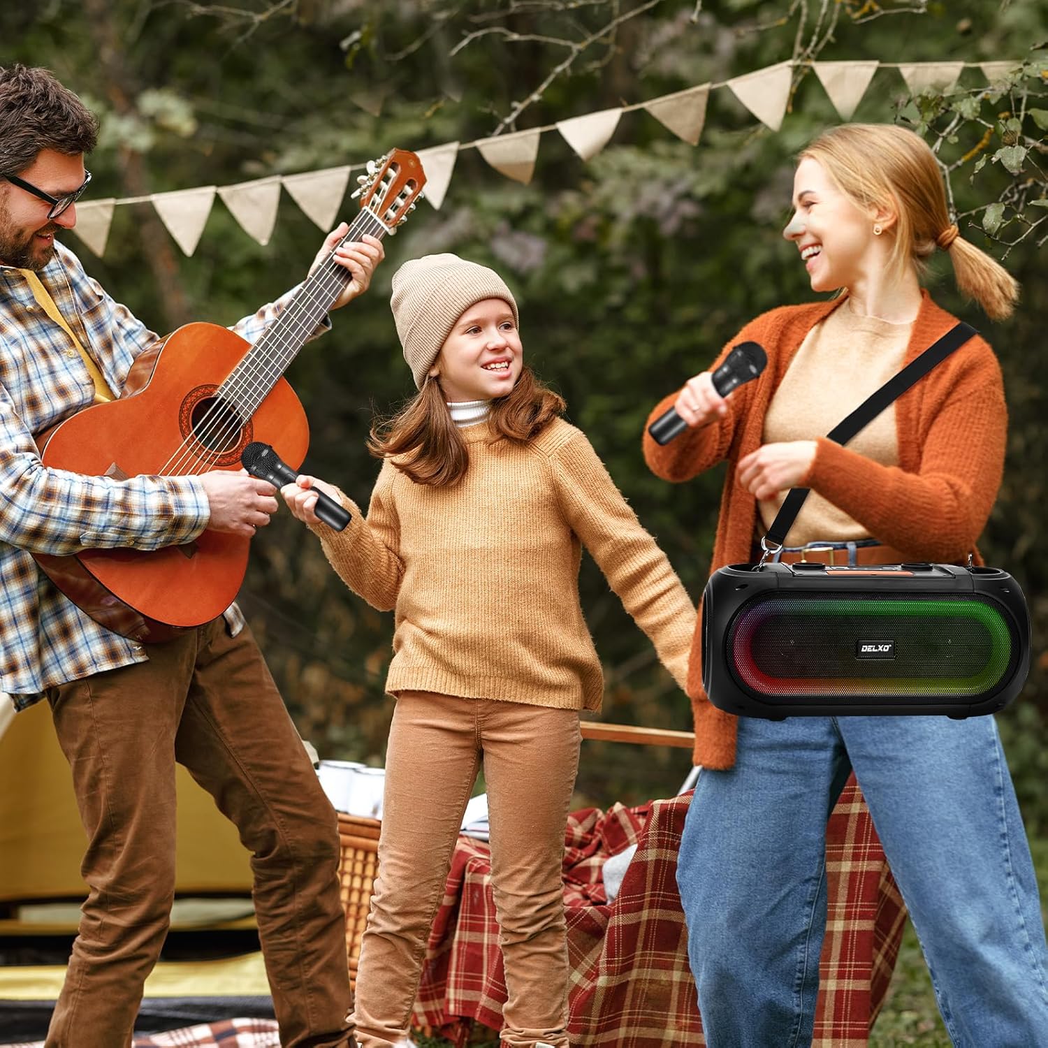 Delxo Karaoke Machine with 2 Wireless Microphones for Adult, Powerful Portable Bluetooth Speaker Loud for Party, PA System Remote Singing Machine with LED Lights, Support BT TWS USB TF, Gift