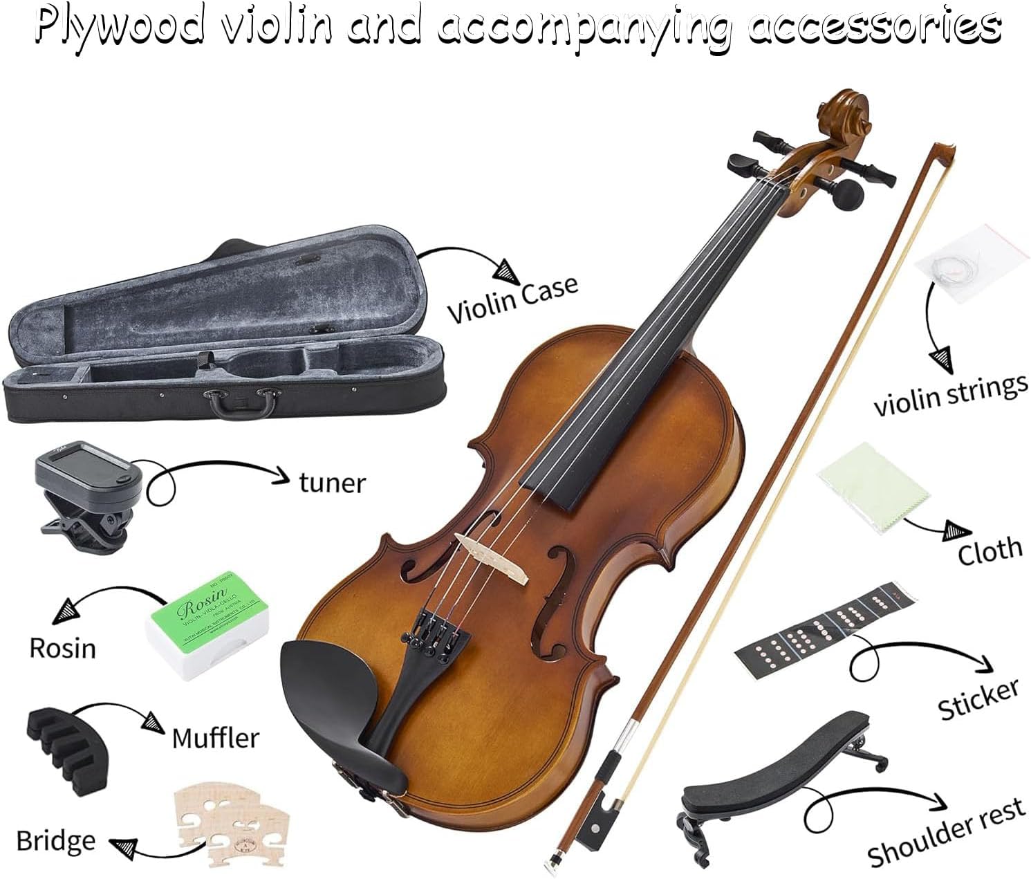 1/2 Acoustic Violin for Beginners, Half Size Plywood Fiddle Set for Kids and Adults with Hard Case, Bow, Extra Strings, Shoulder Rest, Rosin, Clip-on Tuner, Fingerboard Stickers, and Mute.