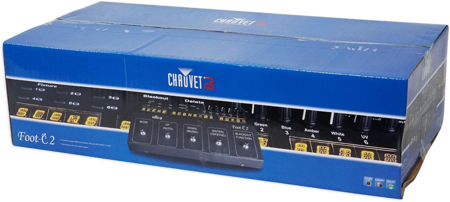 Chauvet DJ Foot C-2 36-Channel DMX Foot Controller w/MIDI Input+LCD Display Bundle with RockvilIe DJ1500 DJ Headphones w/Detachable Coil Cable, Case+Extra Ear Pad