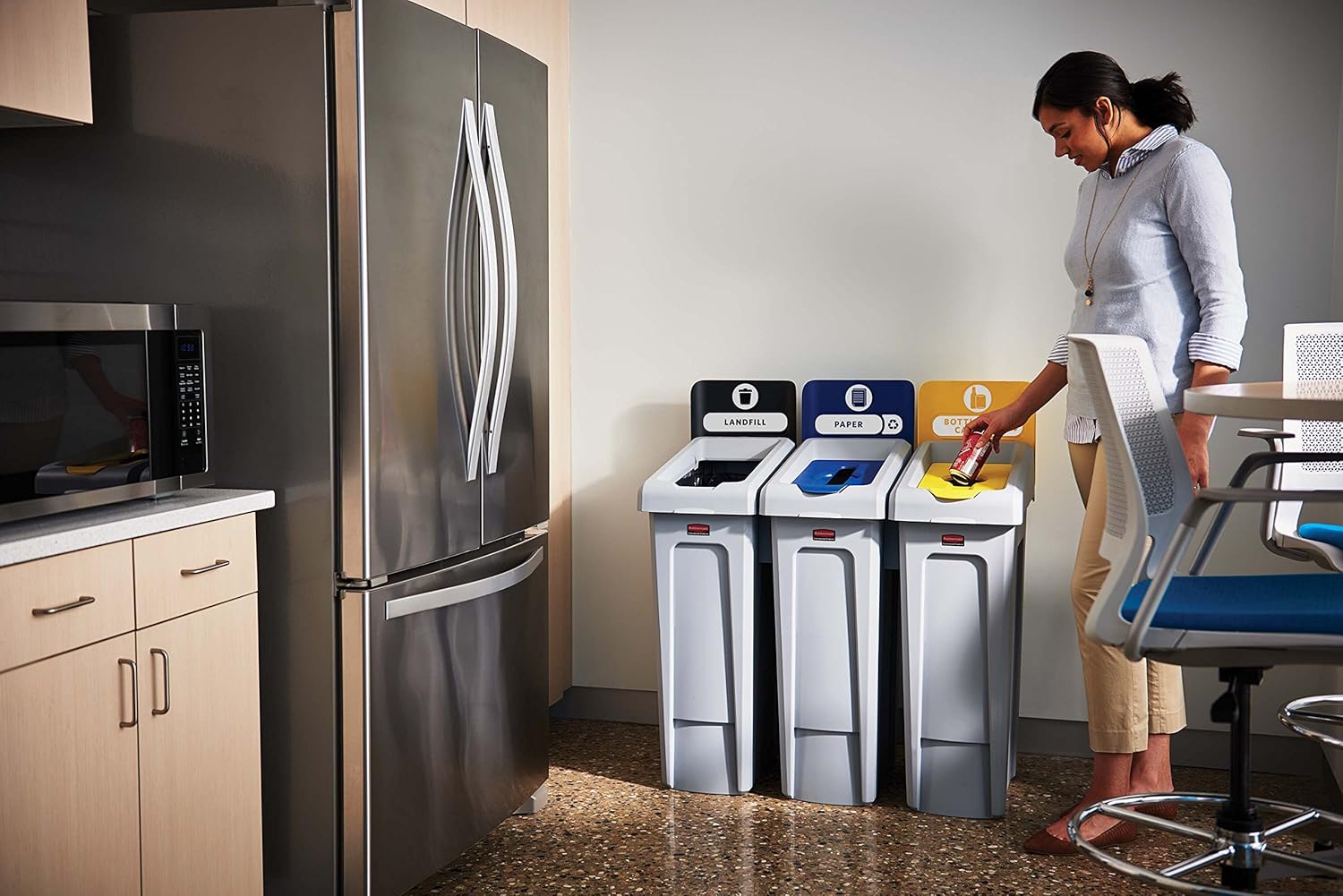 Rubbermaid Commercial Products Slim Jim Recycling Station, 3 Stream Landfill/Paper/Bottles Cans