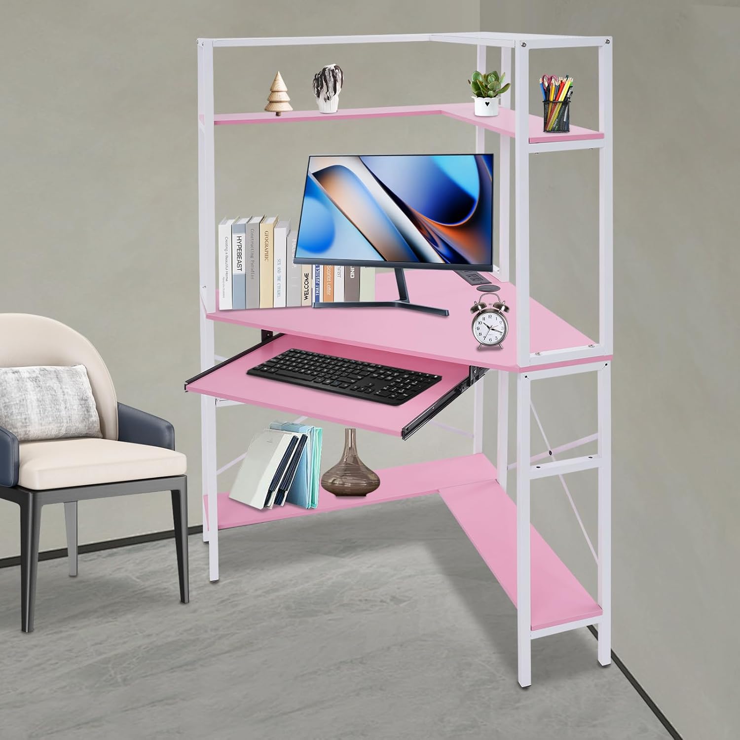Corner Computer Desk with Power Outlets & LED Light, Mini Corner Desk with Hutch Corner Gaming Desk with Storage Shelves Triangle Corner Desk for Small Space, Home Office, Workstation (Pink)