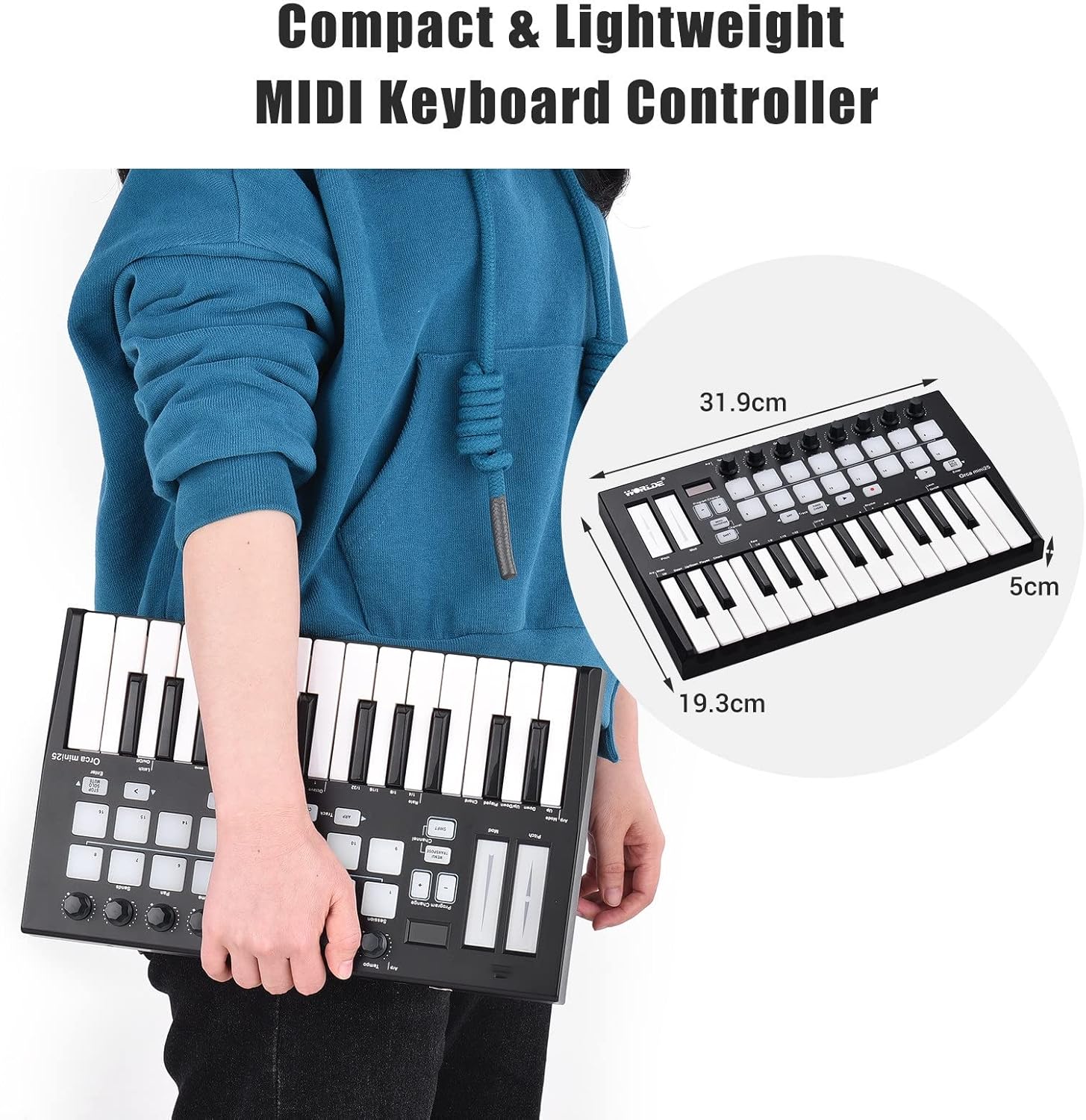 Electric Keyboard 25 MIDI Keyboard Controller 25-Key USB MIDI Controller Keyboard with 16 RGB Backlit Trigger Pads 8 Control Knobs