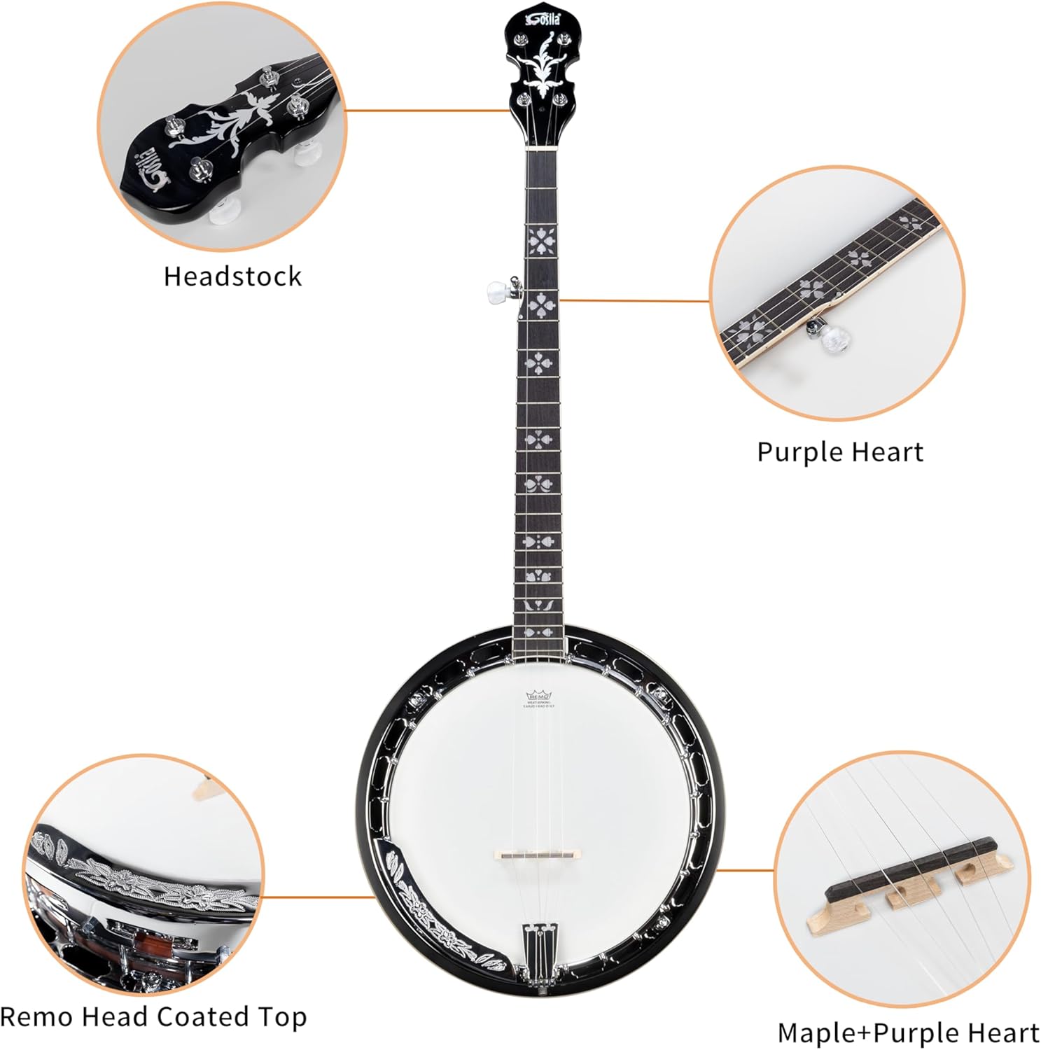 5 String Full Size Banjo Solid Back with beginner Kit Remo Head Coated Top European Maple Body Material Sapele Back Material Type Okoume Neck Material Type