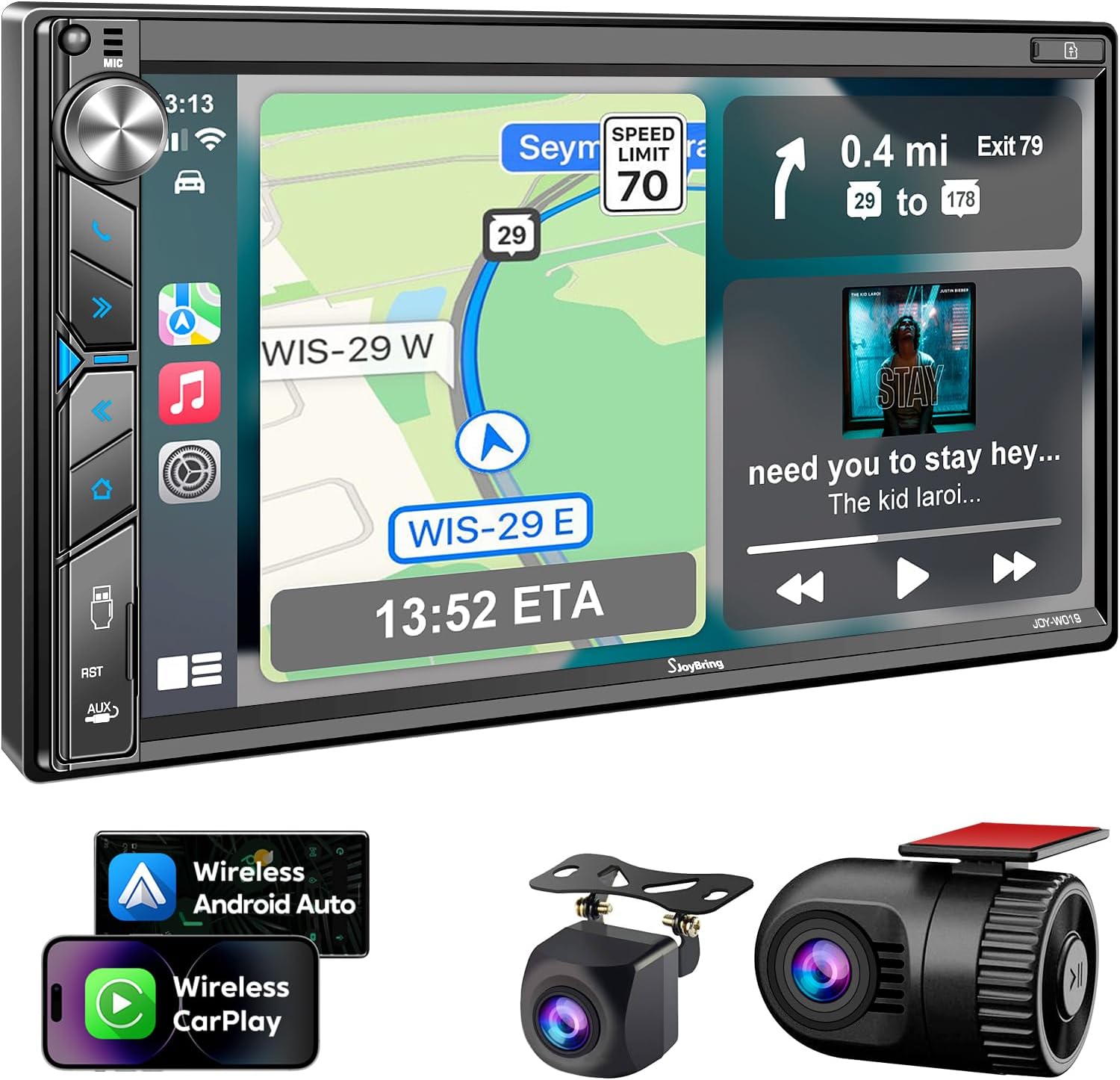 Double Din Car Stereo with Dash Cam - Voice Control Carplay, Android Auto, Steering Wheel Controls, 7