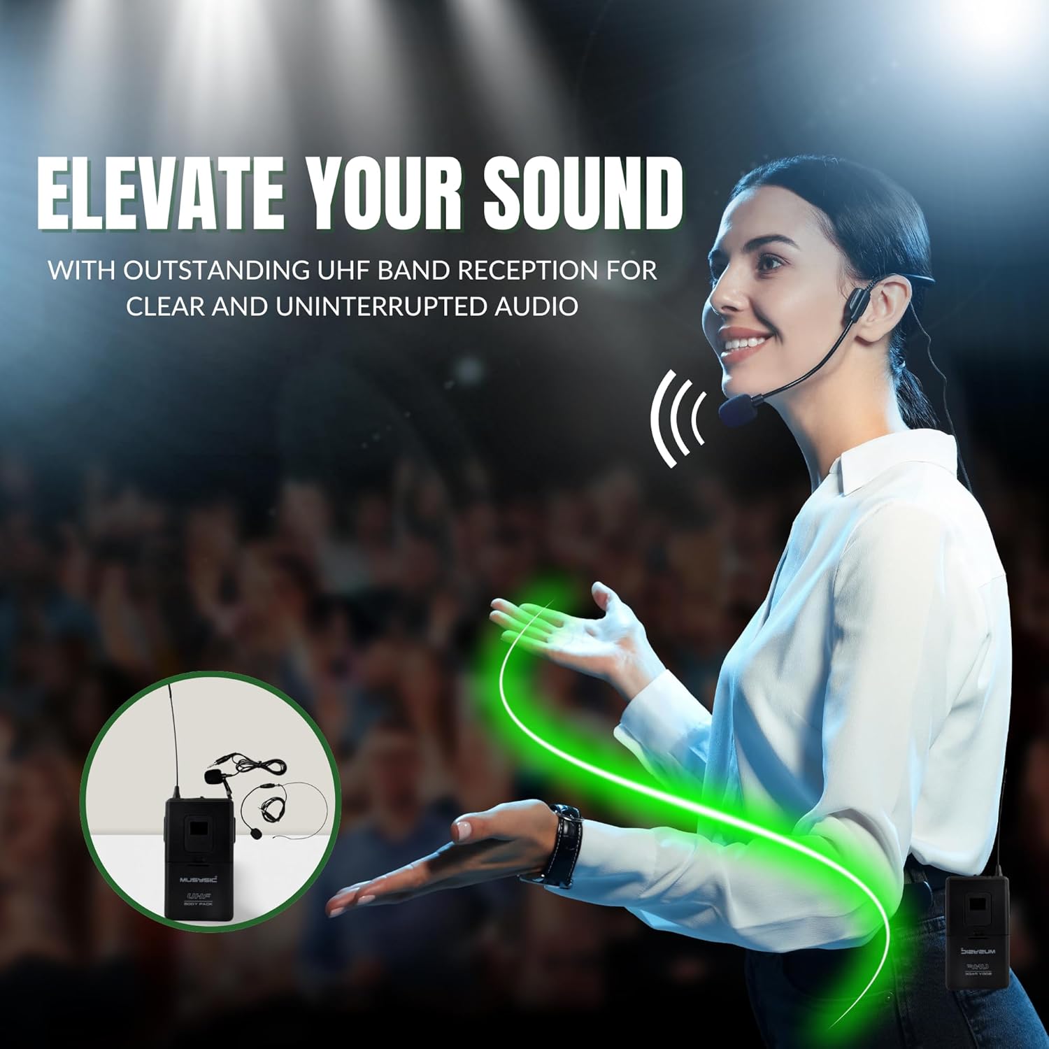 MUSYSIC U4LL 4-Channel Professional UHF Lapel/Lavalier & Headset Wireless Microphone System for Conference, Church, Party with Independent Volume Controls