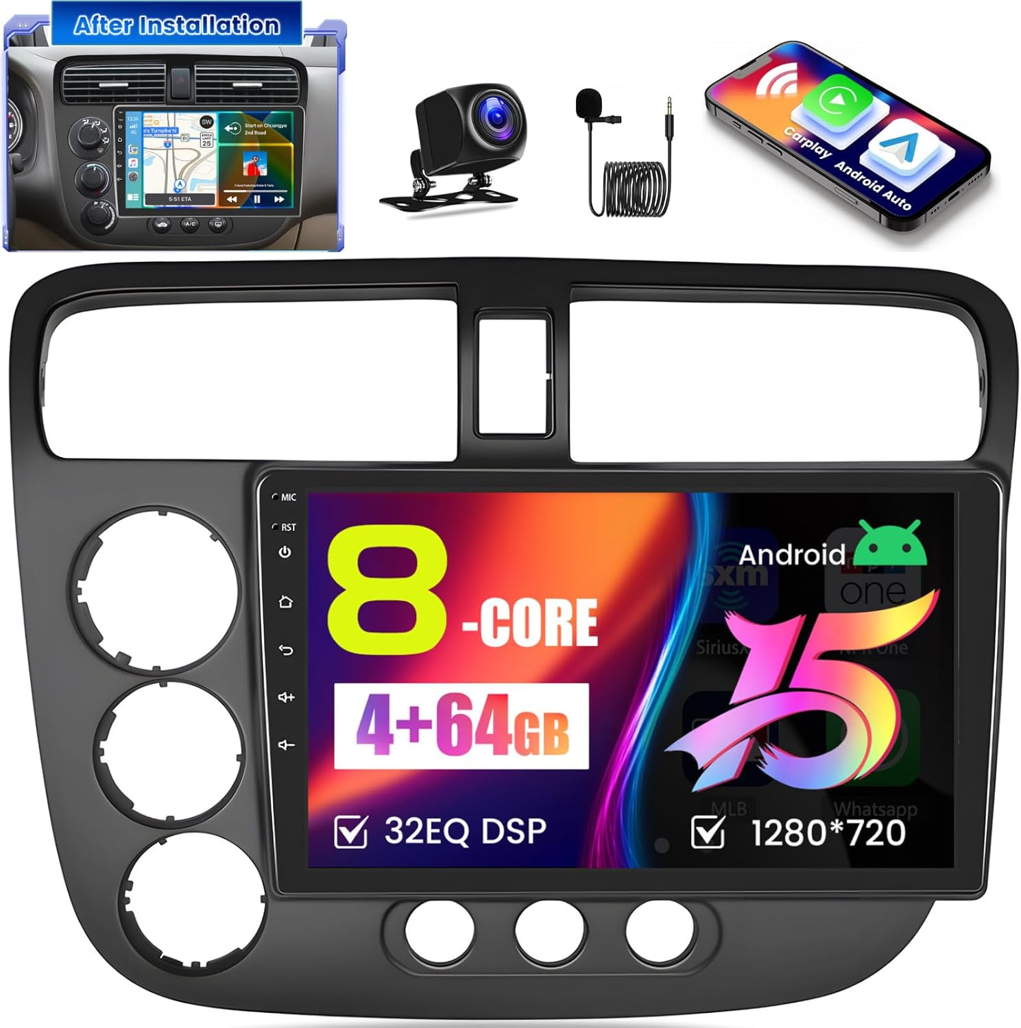 [8-Core 4+64G] for Honda Civic Radio 2001-2005 Android 15 Car Stereo, Hikity 9‘’ Touchscreen Radio DSP 5G WiFi Wireless Carplay Android Auto 1280 * 720P Bluetooth GPS 32EQ/FM/DSP SWC Backup Cam+Mic