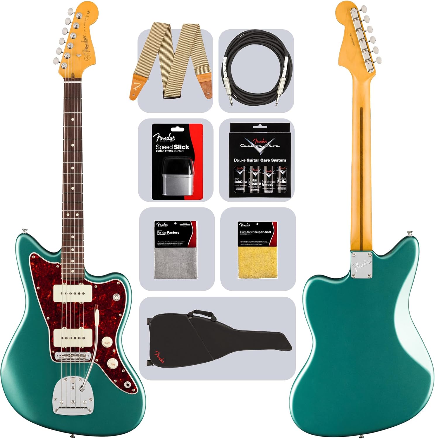Fender American Professional Classic Jazzmaster - Faded Sherwood Green Metallic Bundle with Gig Bag, Strap, Cable, and Guitar Cleaning Kit
