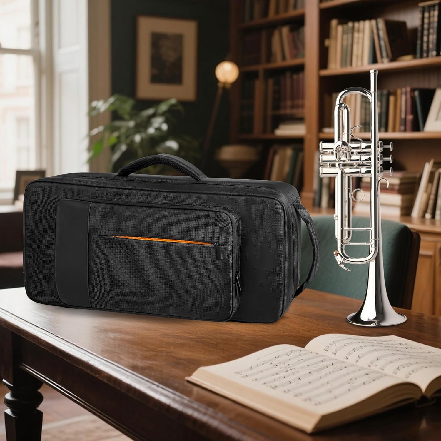 Trumpet Case Backpack, Musical Instrument Storage Carrying Bags with Thick Cotton Liner, Separate Pocket for 2 Mutes, 2 Carrying Ways, Black