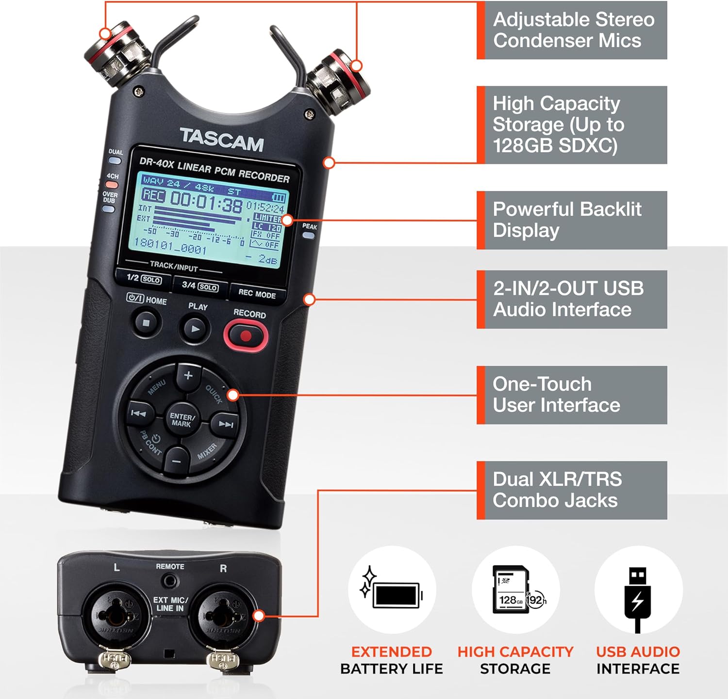 TASCAM DR-40X 4-Track Portable Handheld Field Recorder — 2 XLR/TRS Inputs, USB Audio Interface, Dual Adjustable Microphones for Stereo Recording of Music, Audio for Video and Podcasting