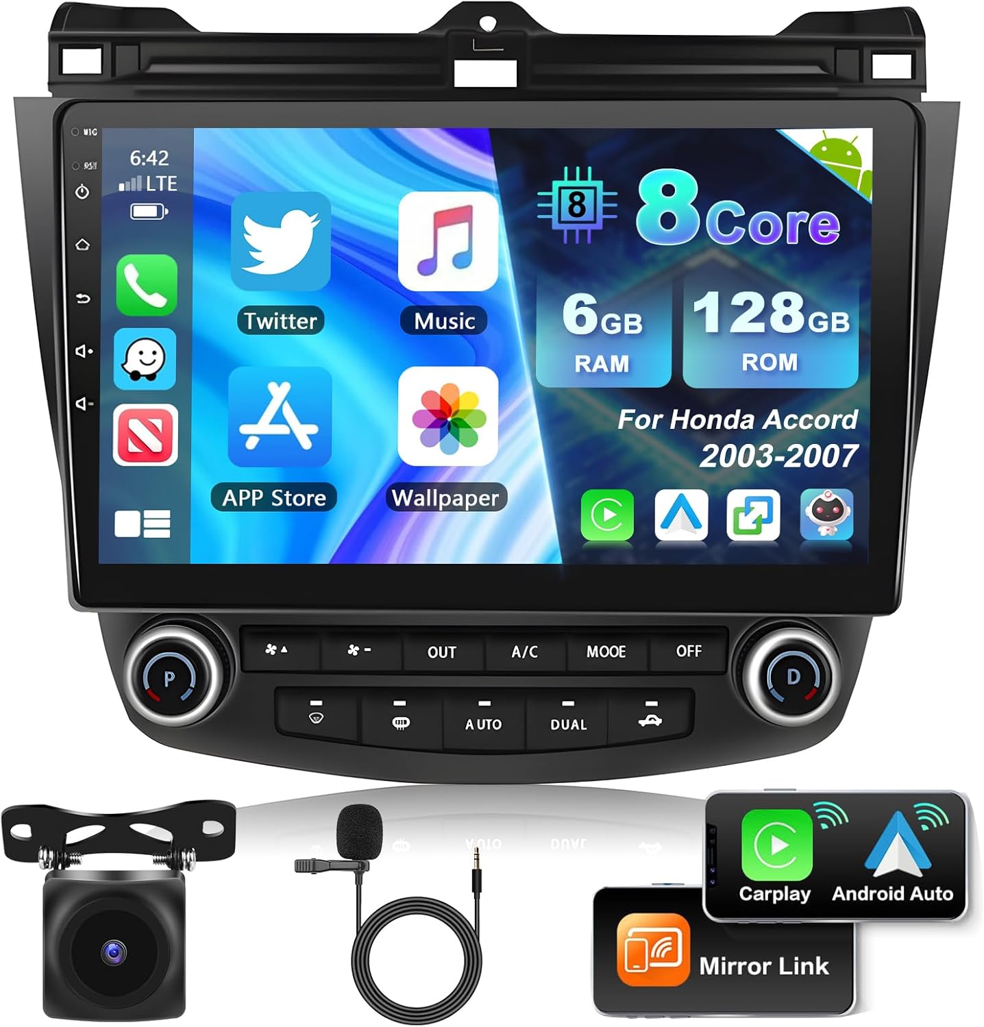 【8Core 6G+128G】Wireless Apple Carplay & Android Auto Car Stereo for Honda Accord 2003 2004 2005 2006 2007,10.1
